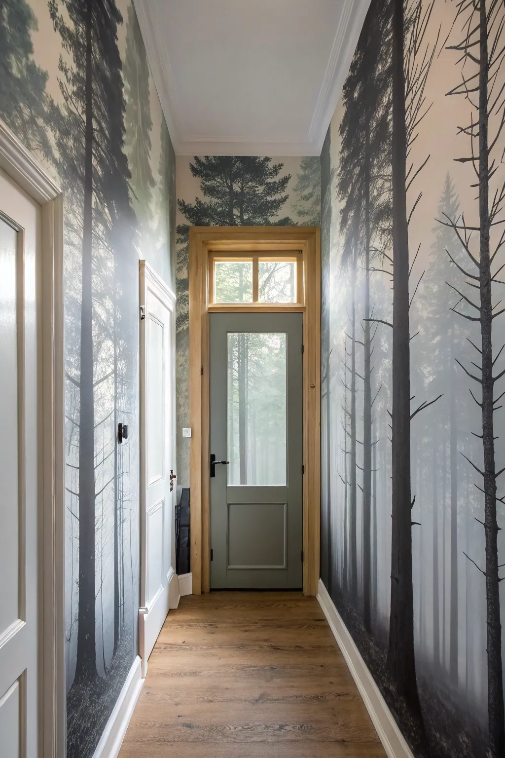 Misty forest doorway mural transforms a clean hallway into a calm, immersive mini woodland.