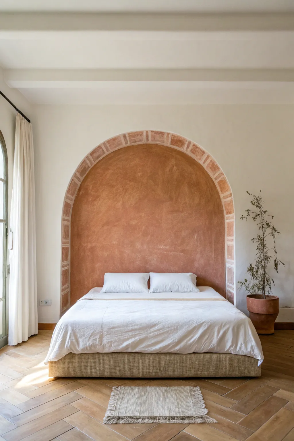A simple painted arch adds a soft focal point behind the bed with clean, handcrafted contrast.