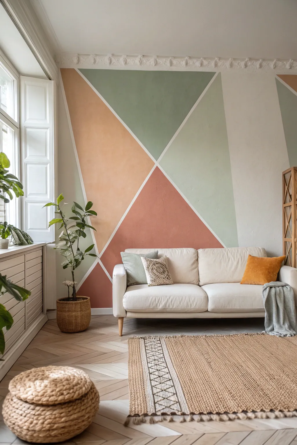 Crisp geometric color blocks frame the sofa for a modern, cozy living room feature wall.