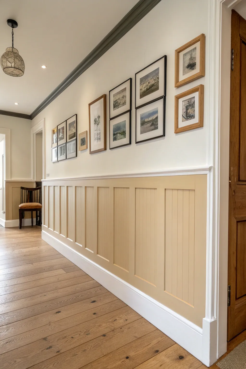 Two-tone paneled wall blocking in warm neutrals, crisp line, minimalist Scandinavian calm.