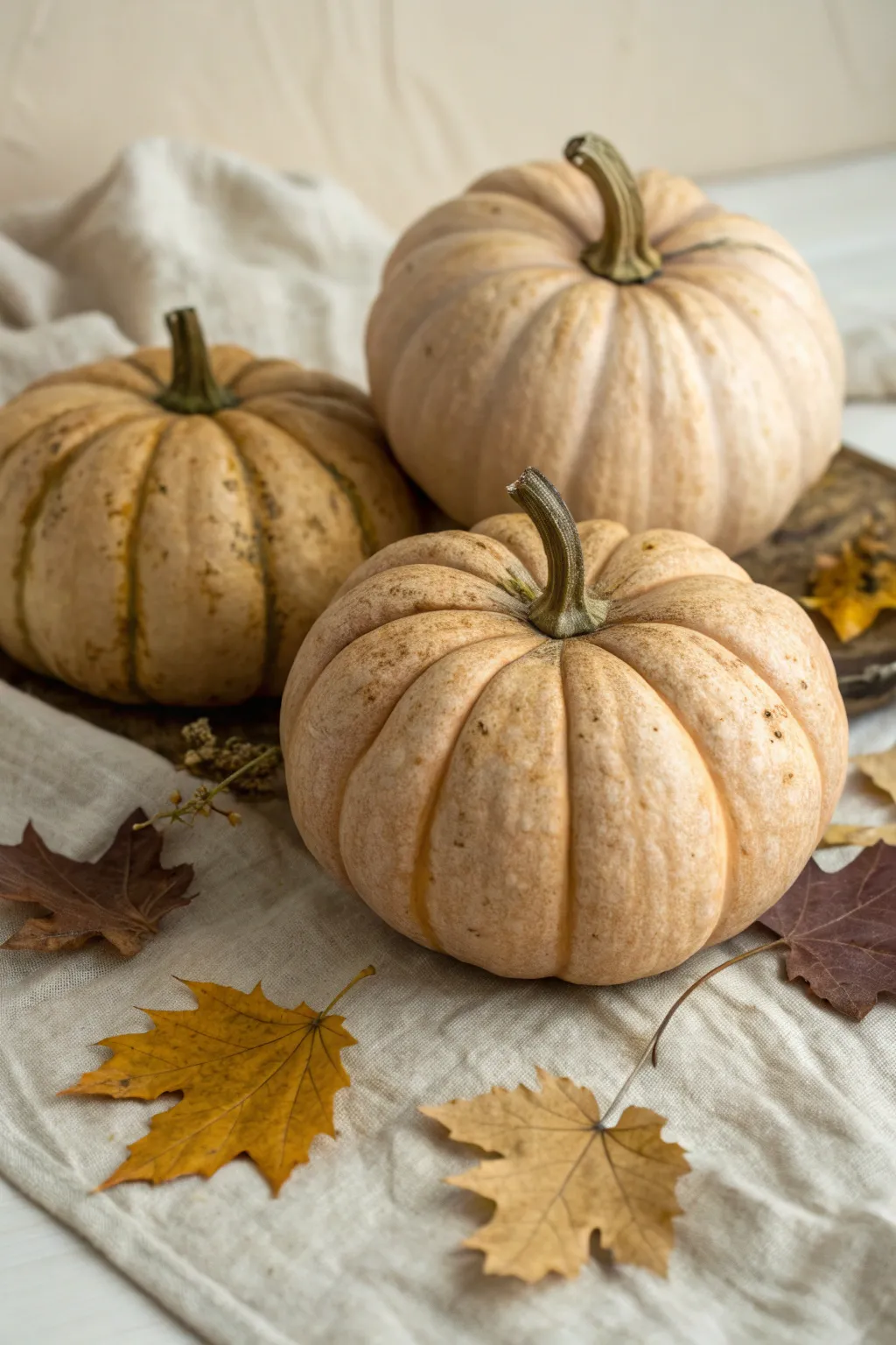 Warm neutral warty pumpkins with softly lit texture, minimalist boho harvest mood