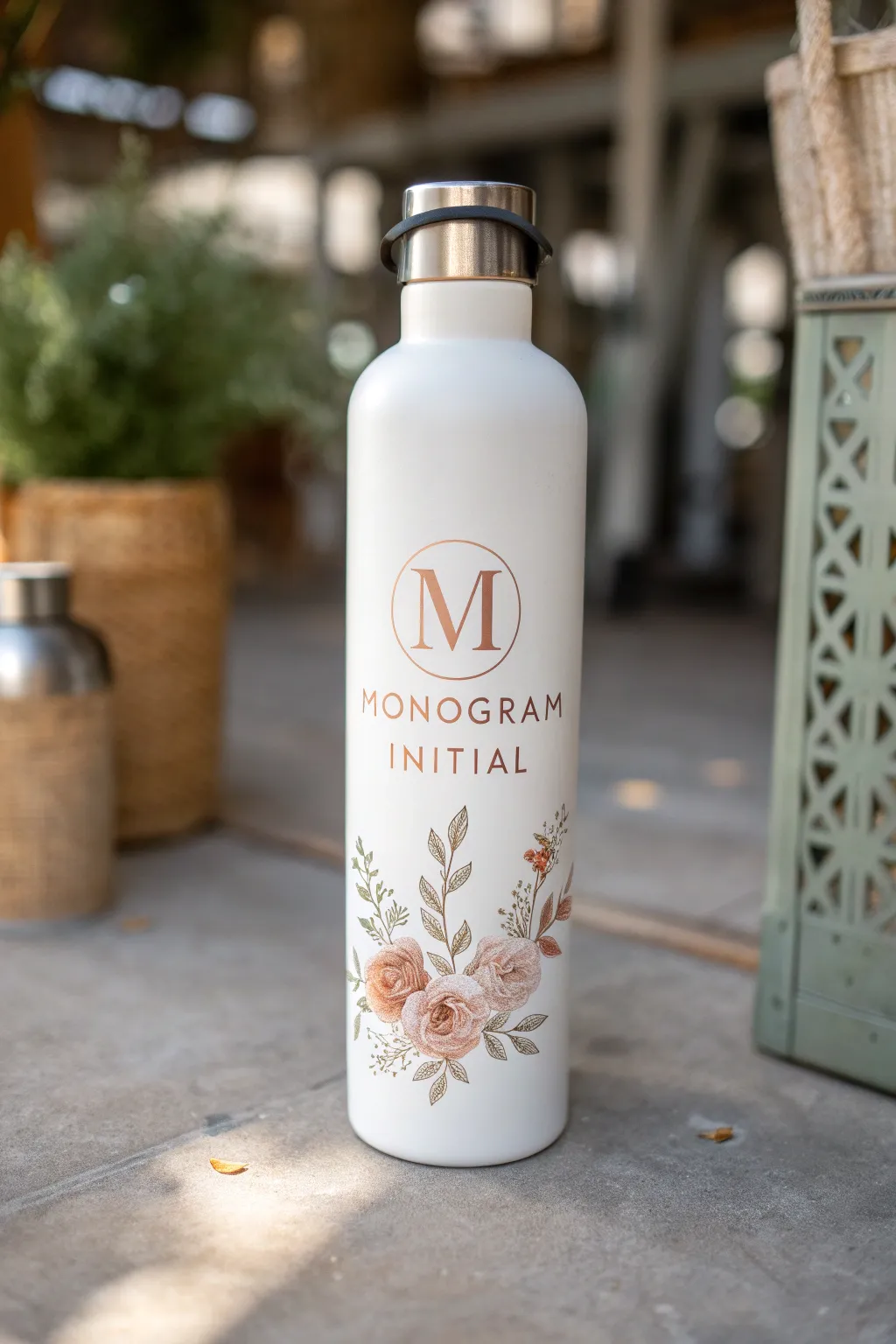 Clean monogram water bottle with soft florals, a simple Scandinavian-boho painting idea