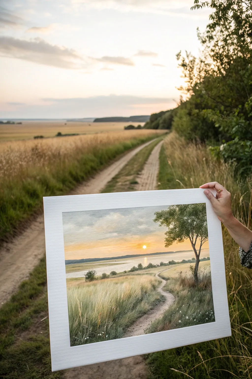 Golden hour meadow watercolor with a winding path, minimalist washes and a soft horizon glow.