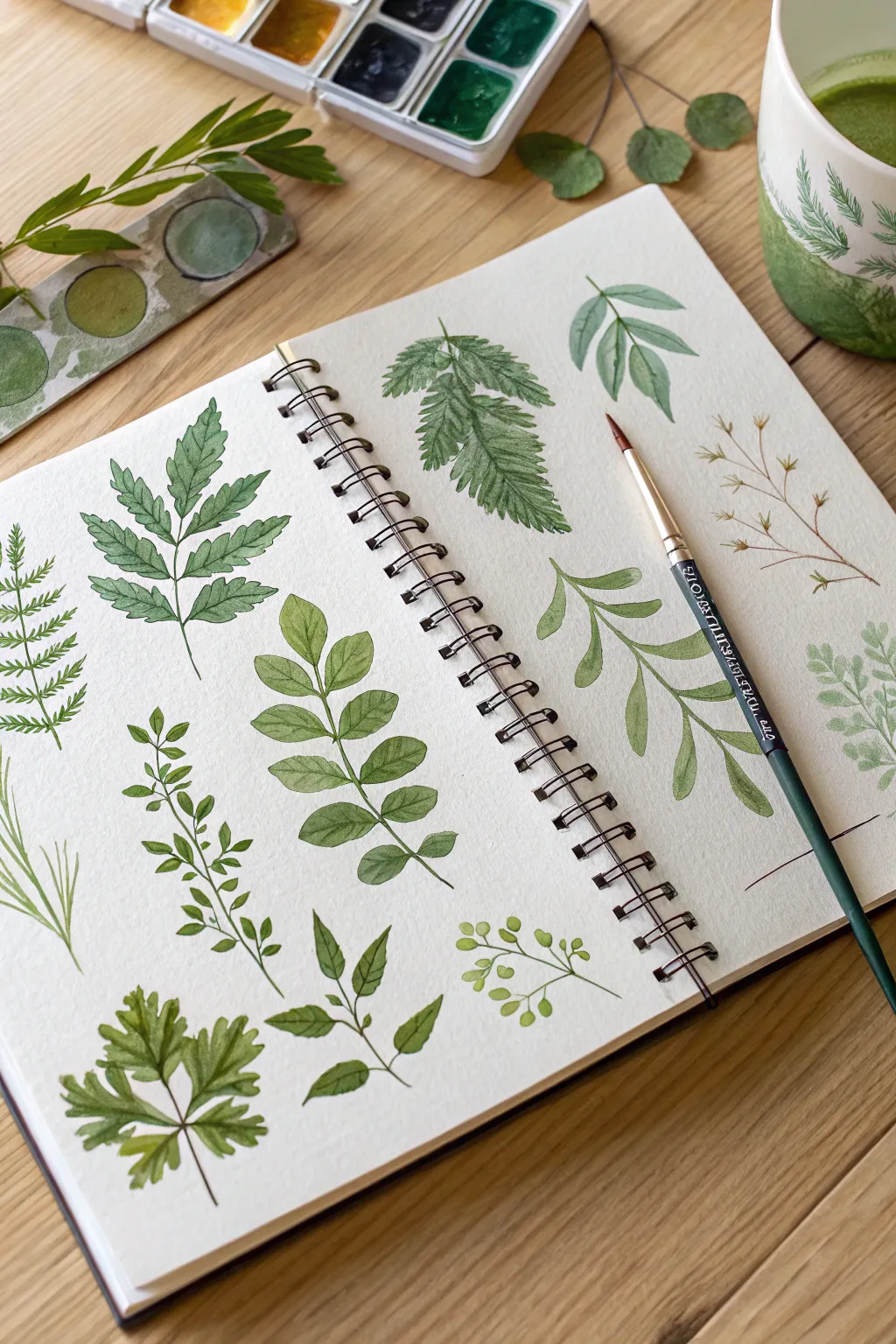 Minimalist watercolor leaf swatches in fresh greens, perfect for botanical practice.