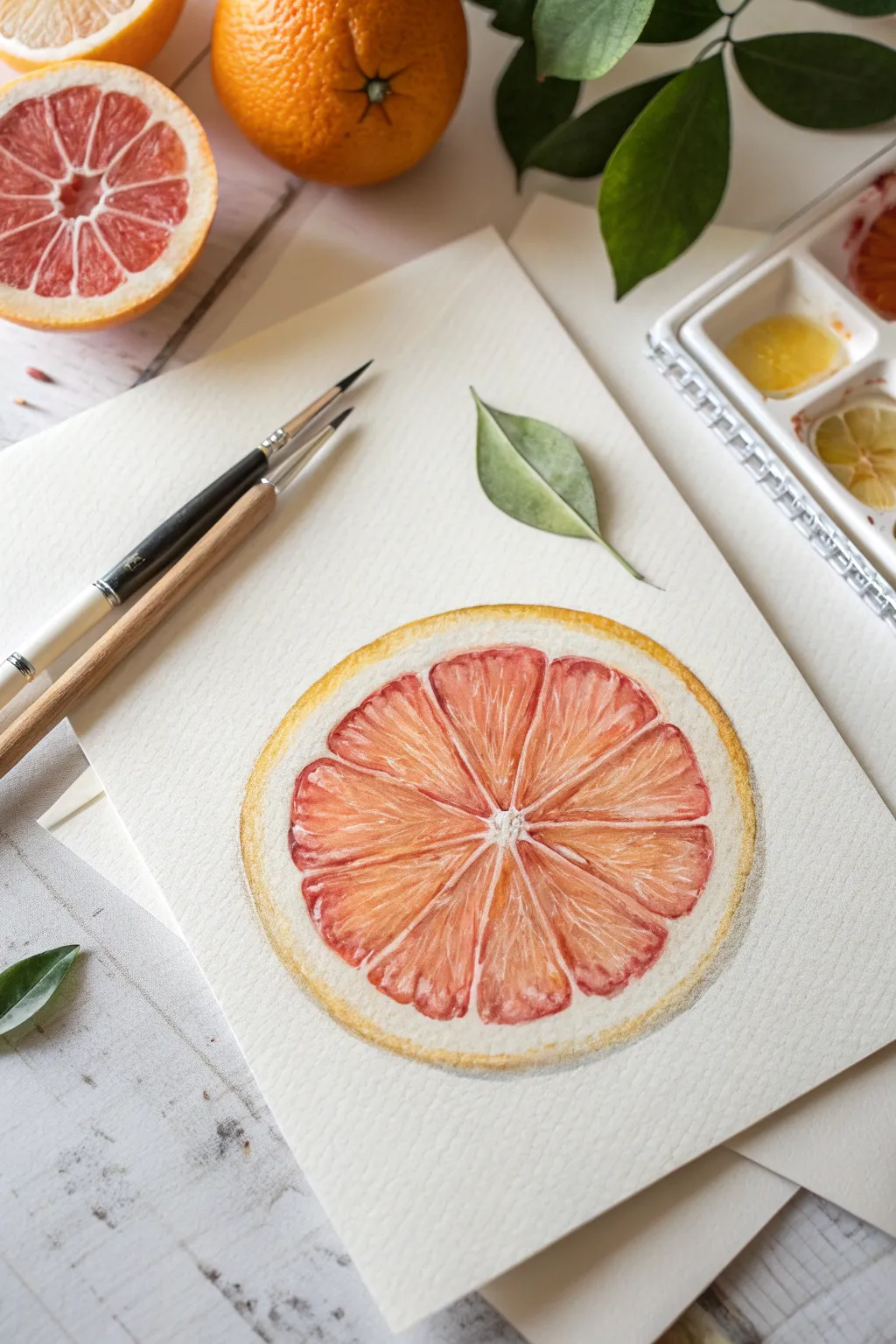 Juicy citrus slice study with watercolor pencil blooms and a crisp dry rind for contrast