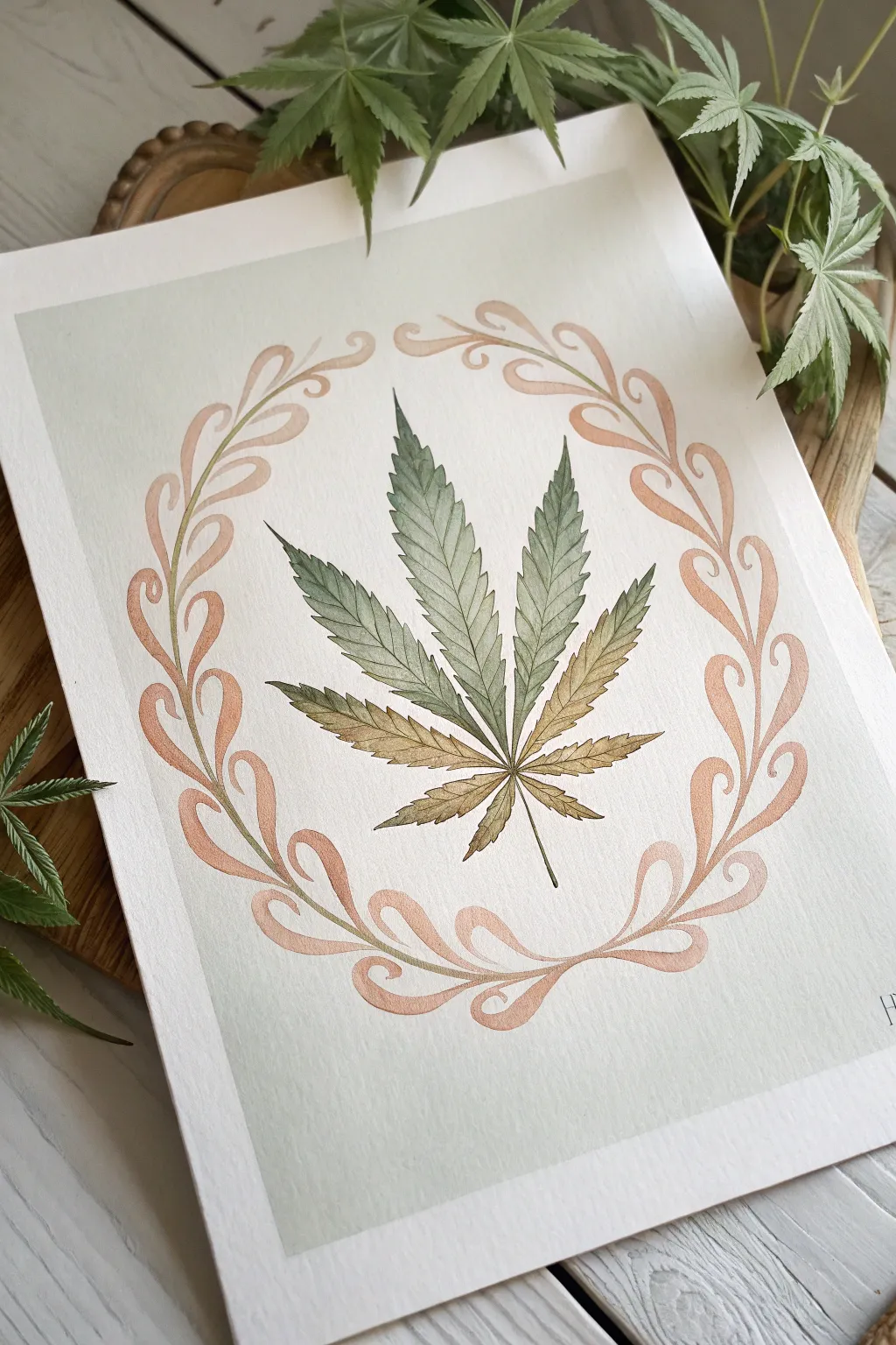 Minimal weed leaf emblem framed by airy smoke swirls, a chic Scandinavian-boho painting idea