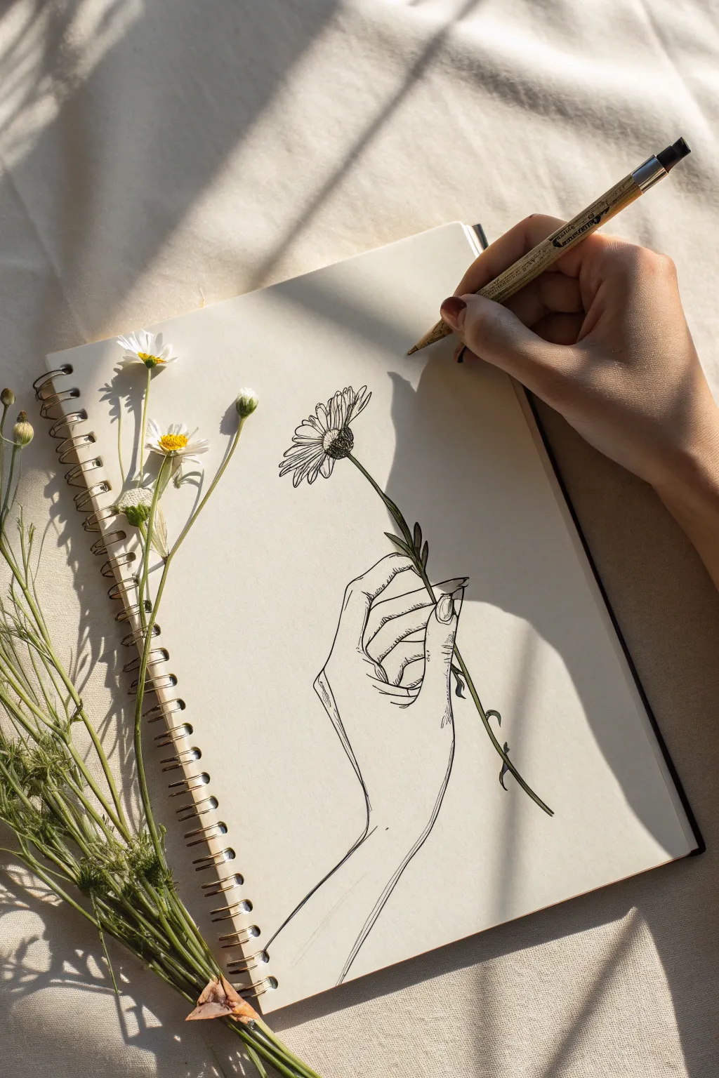 Simple sketch prompt: draw your hand holding a flower stem with clear light and shadow.