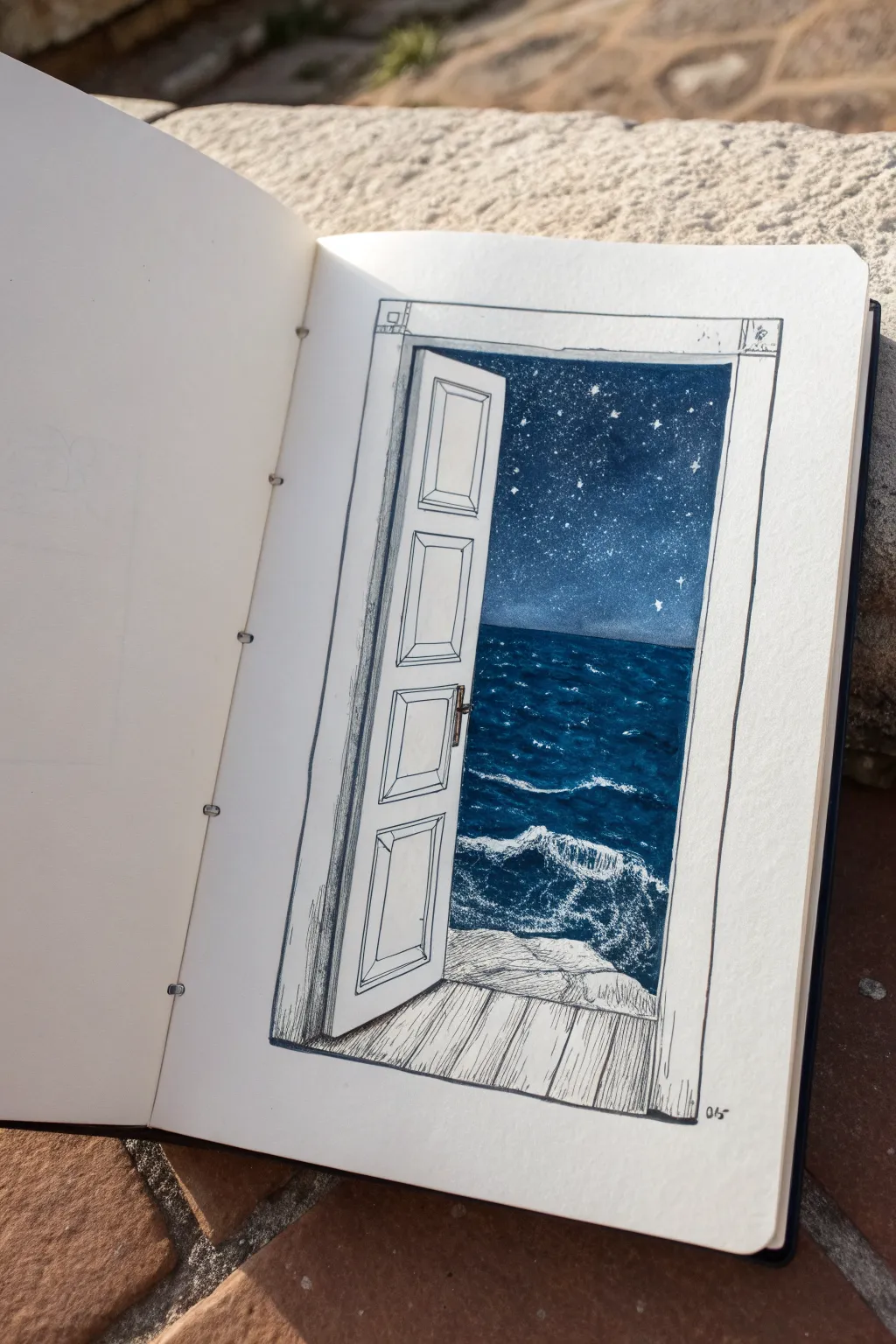 A simple doorway sketch that opens into a starry ocean, perfect for whimsical dream drawing.
