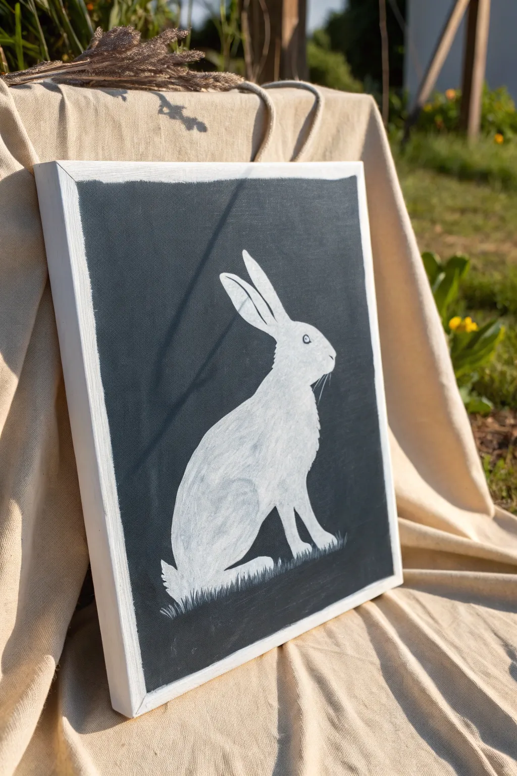 Minimalist negative space hare silhouette on white canvas, deep charcoal background and soft shadows.
