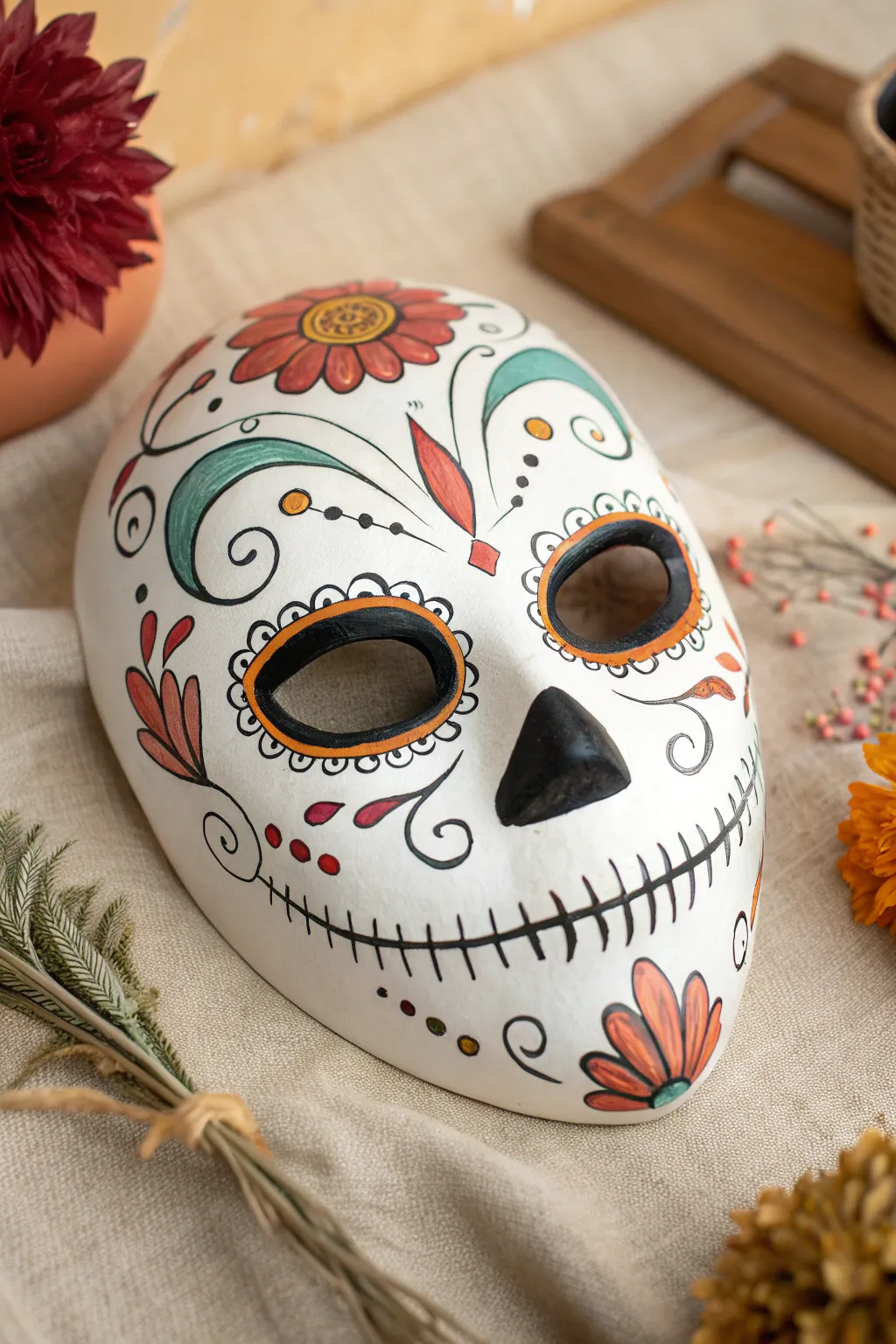 White sugar skull mask with crisp floral detailing in a bright, minimal boho palette