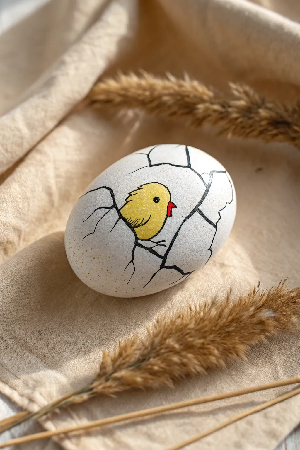 Simple white rock egg with a peekaboo yellow chick, minimal lines and cozy boho texture