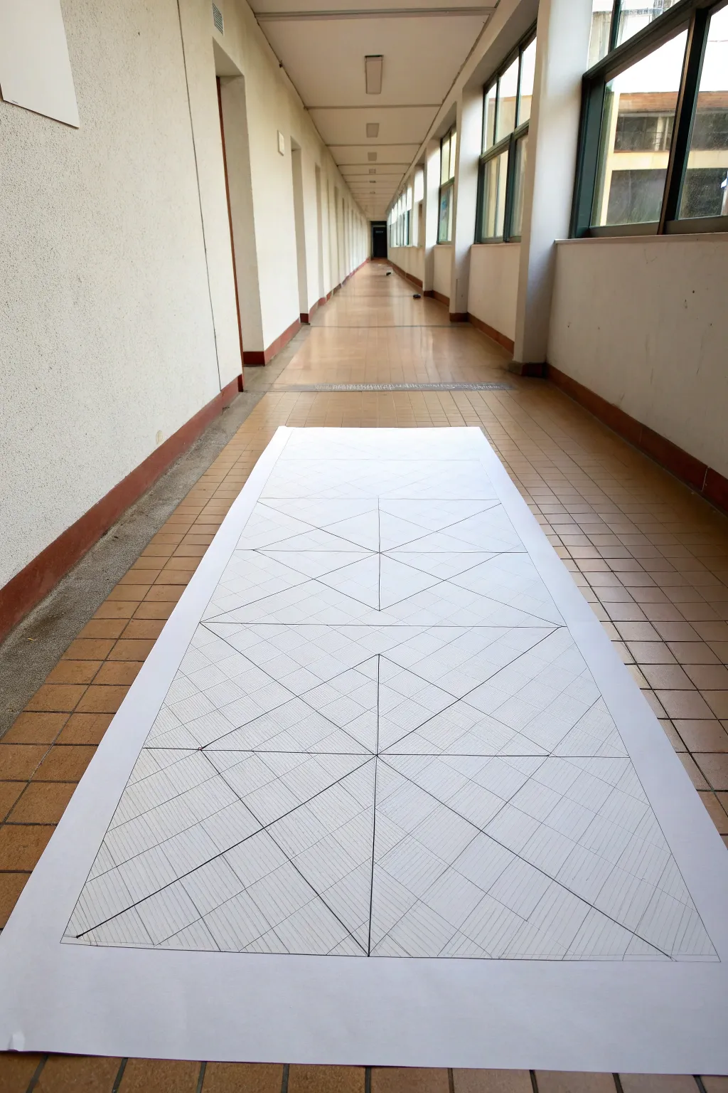 Sketch a one-point hallway where a winding tube weaves through floating crate walls