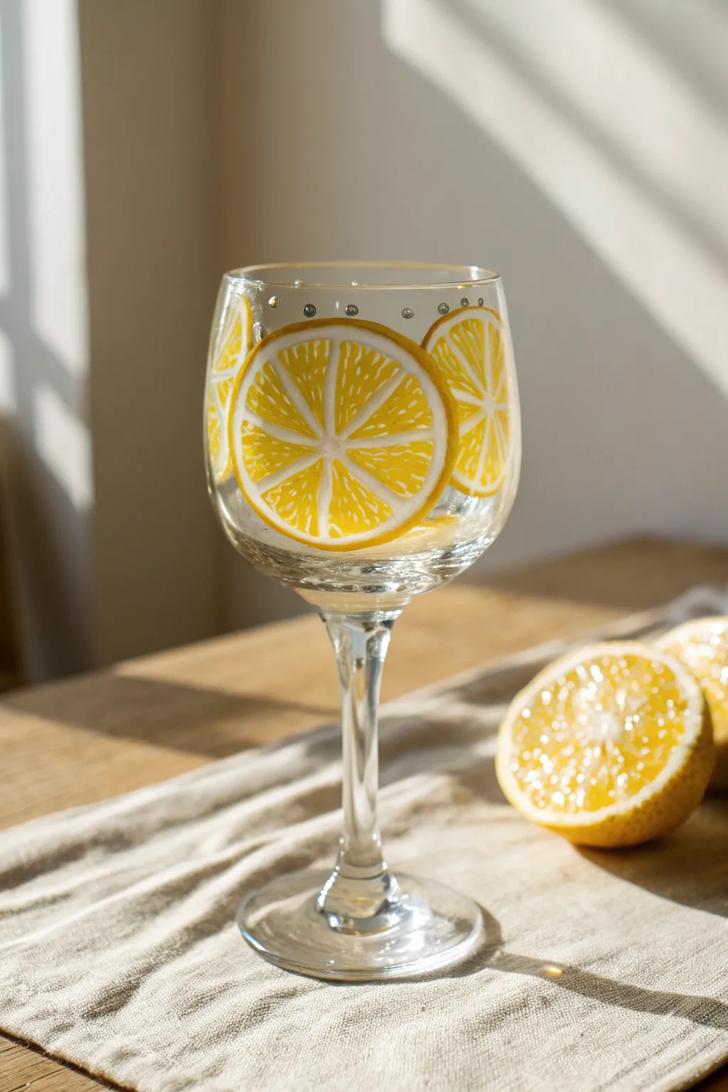 Paint a bright citrus half-moon on one wine glass for a fresh, sunlit summer look.
