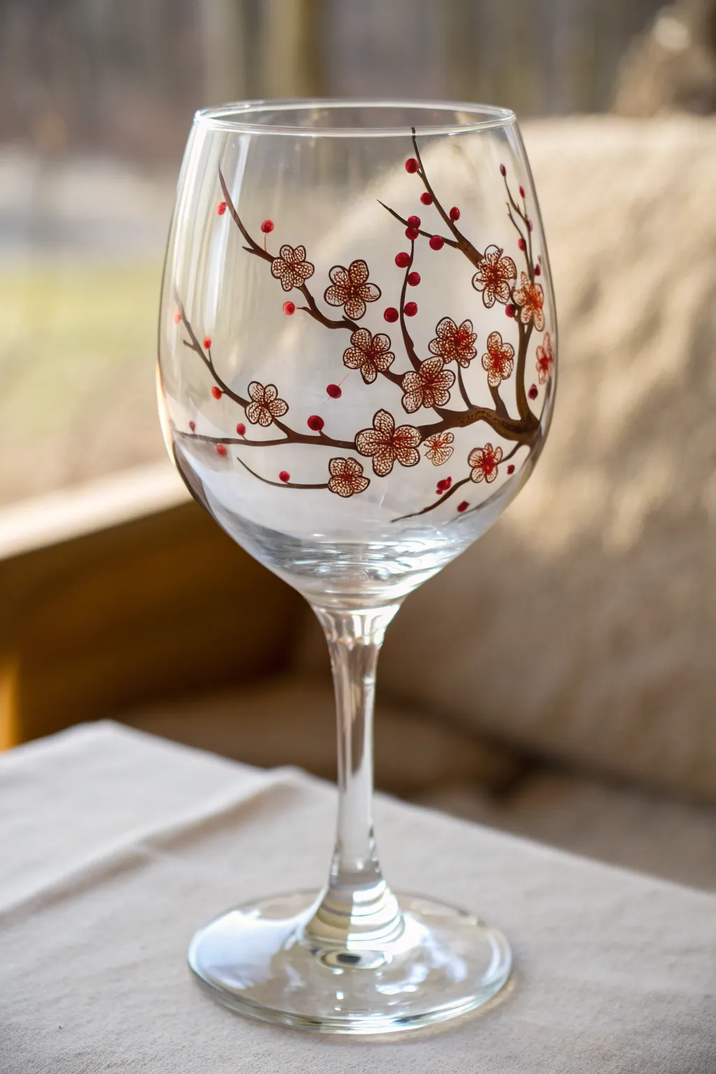 Cherry blossom branch climbing the glass bowl with airy negative space and soft blush blooms.