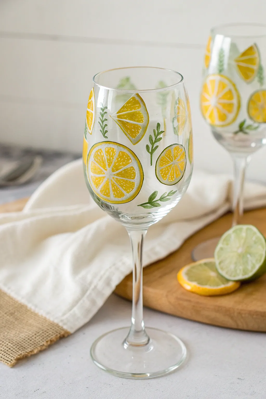 Simple citrus slice rows on a hand-painted wine glass, perfect beginner summer project.