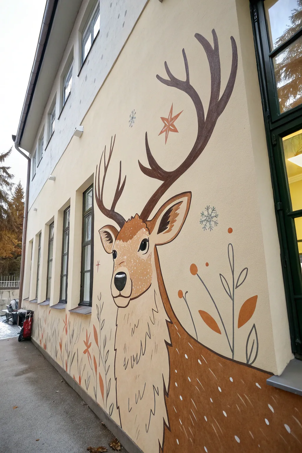 Minimal reindeer face mural with bold outlines and airy antlers, perfect for winter walls