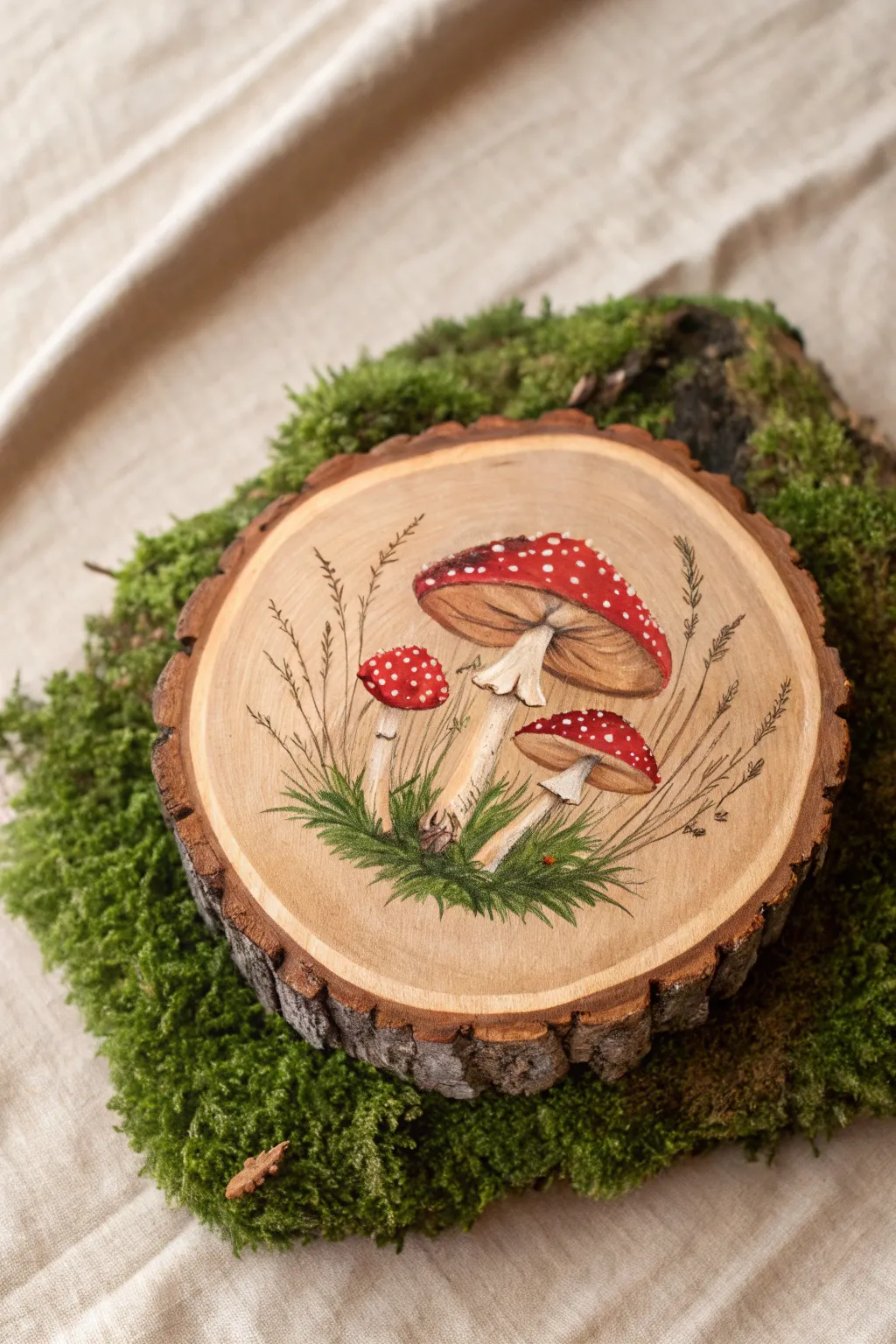 Rustic wood slice art: red speckled mushrooms on moss, minimalist boho contrast and texture.