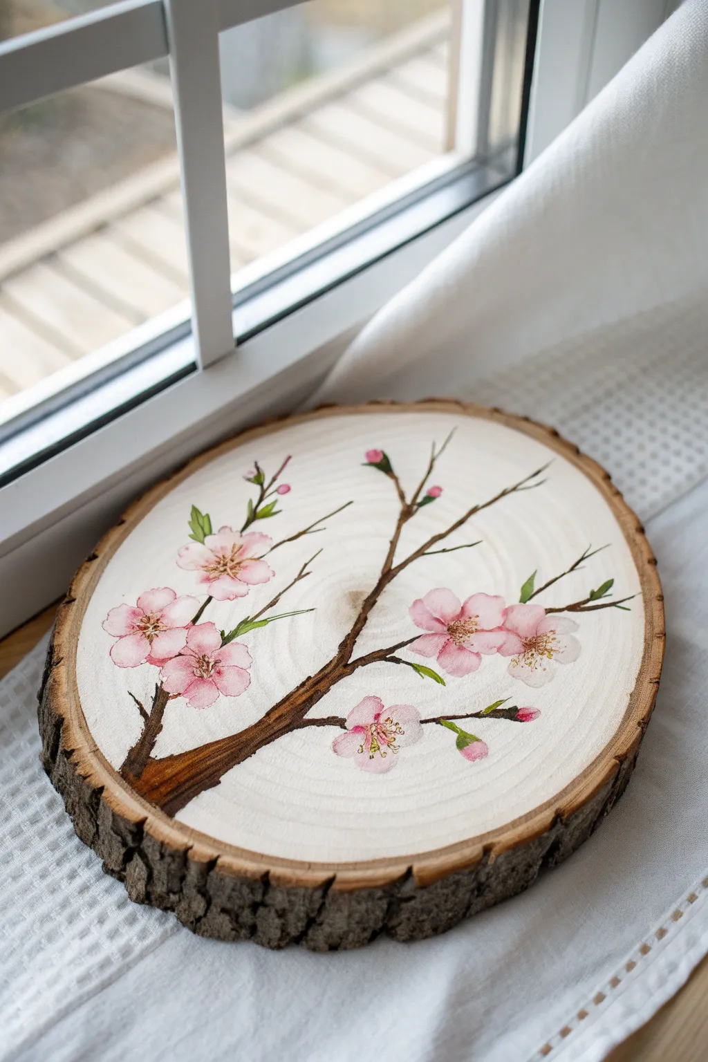 Spring blossom branch on a rustic wood slice, minimalist and bright with soft boho warmth