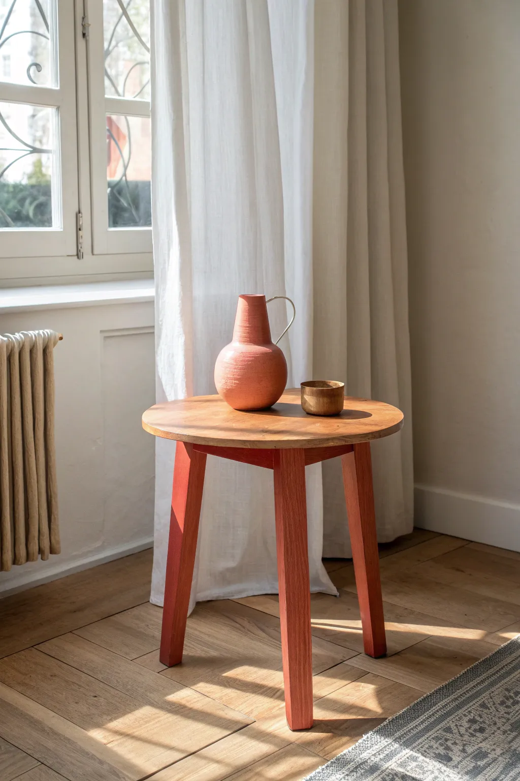 Bright pop-color base + natural wood top for a simple table makeover with modern warmth