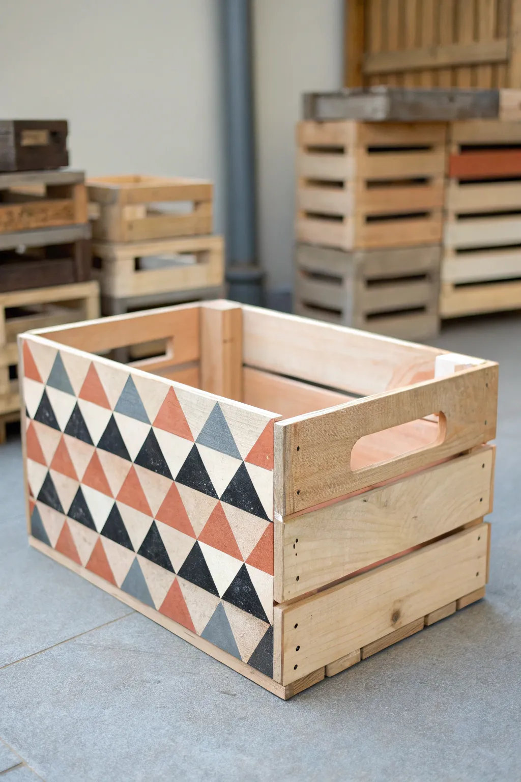 Crisp triangle slats on a painted crate, a Nordic boho accent with modular shelf potential.