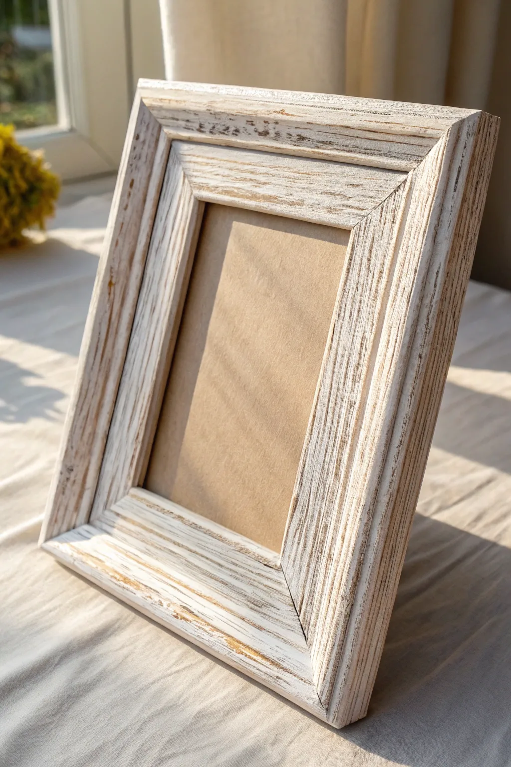 Whitewashed beachy wood frame with visible grain, softly lit for calm Scandinavian contrast
