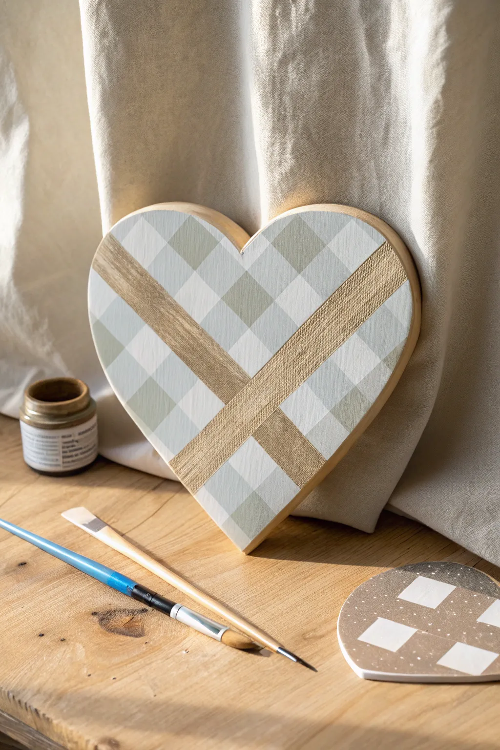 Two tone gingham wooden heart with painters tape and brush, clean minimalist craft in progress