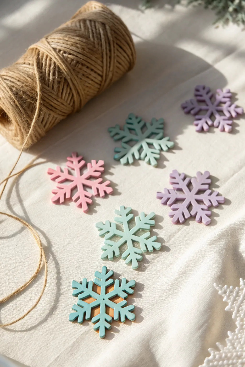 Candy pastel painted wooden snowflakes with twine, minimalist winter ornament inspiration