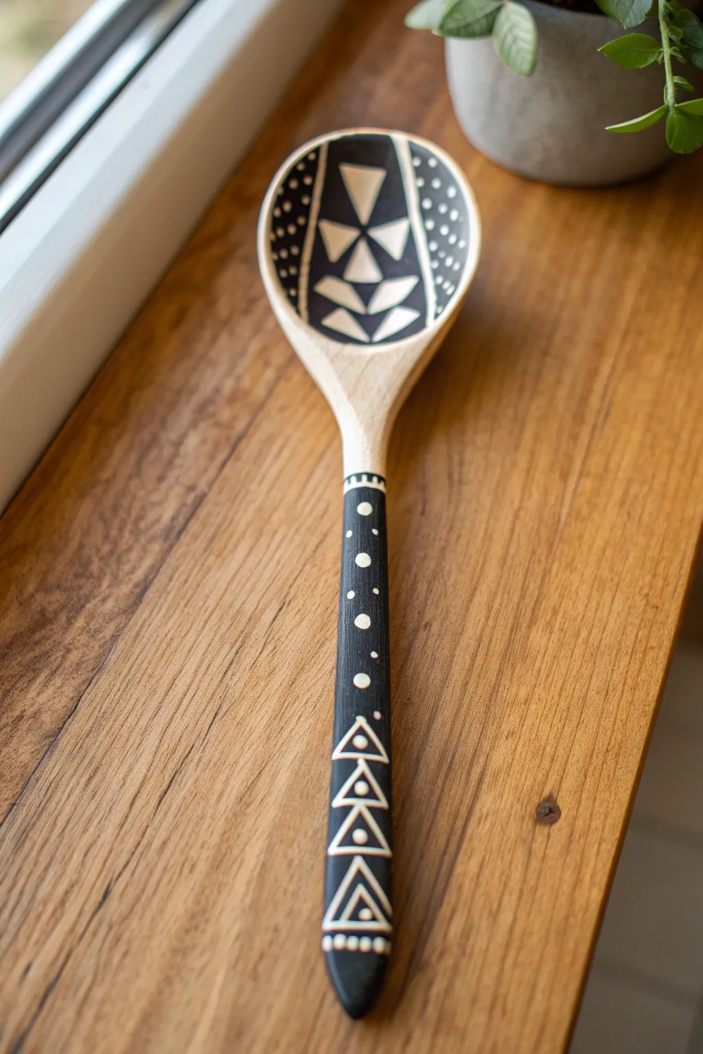 Monochrome black-and-white patterns transform a simple wooden spoon into modern boho art.