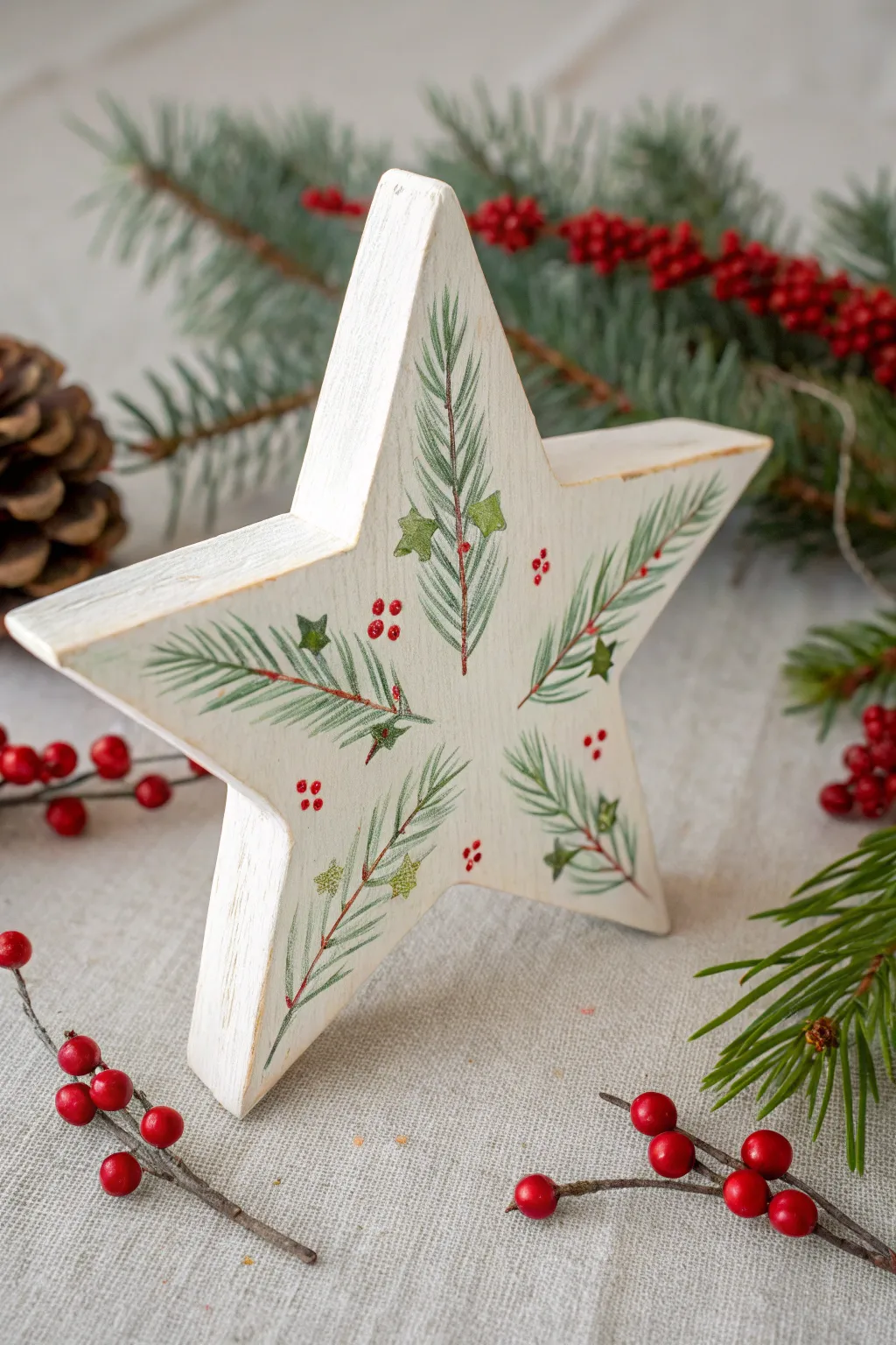 Minimal wooden star with hand-painted evergreens and bright red berries, styled with natural greenery