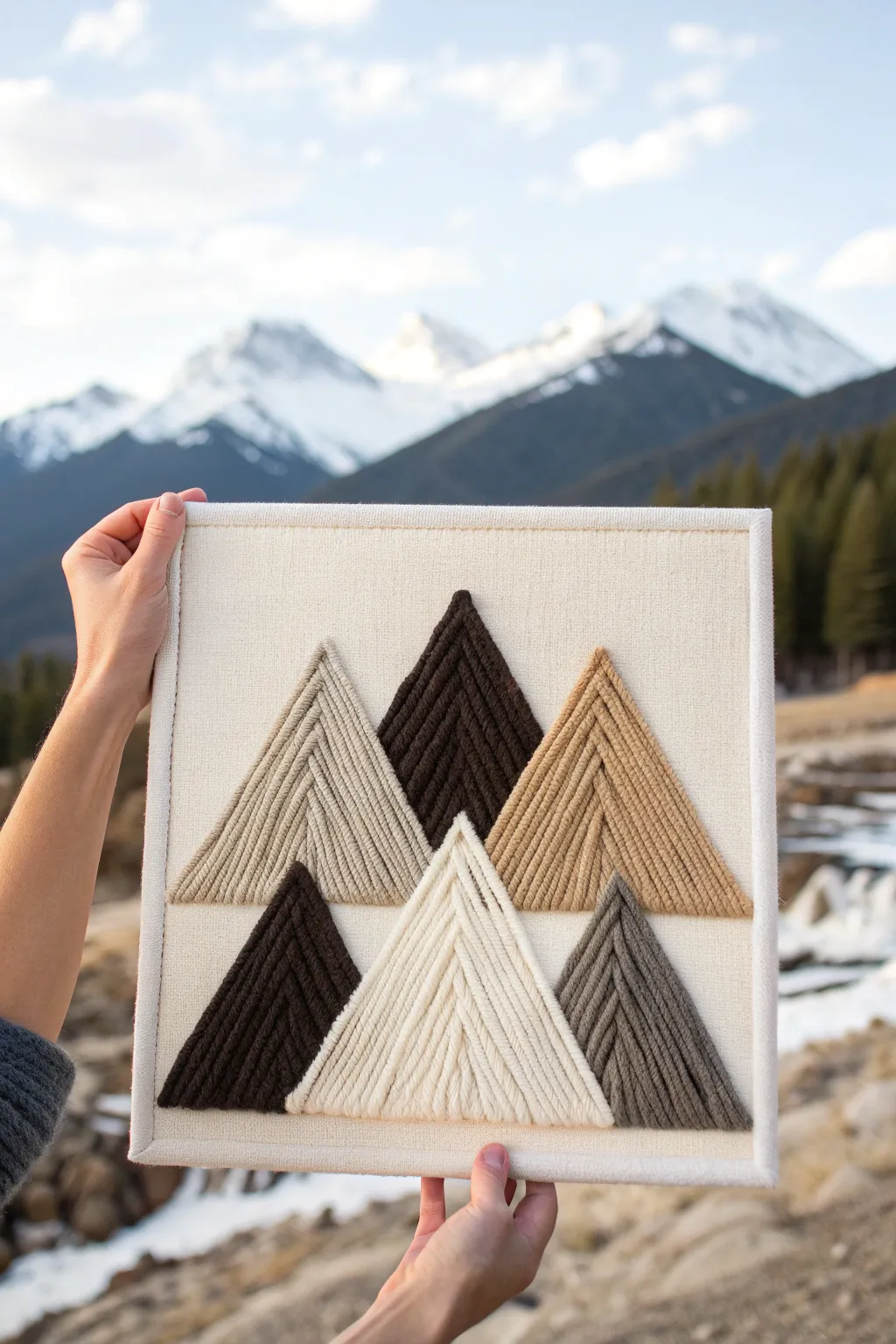Minimal mountain range yarn painting in neutral tones with crisp edges and soothing Scandinavian calm
