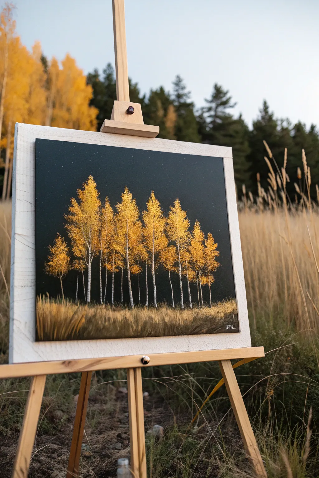 Glowing golden trees on a charcoal sky, minimalist yellow painting idea with cozy autumn contrast