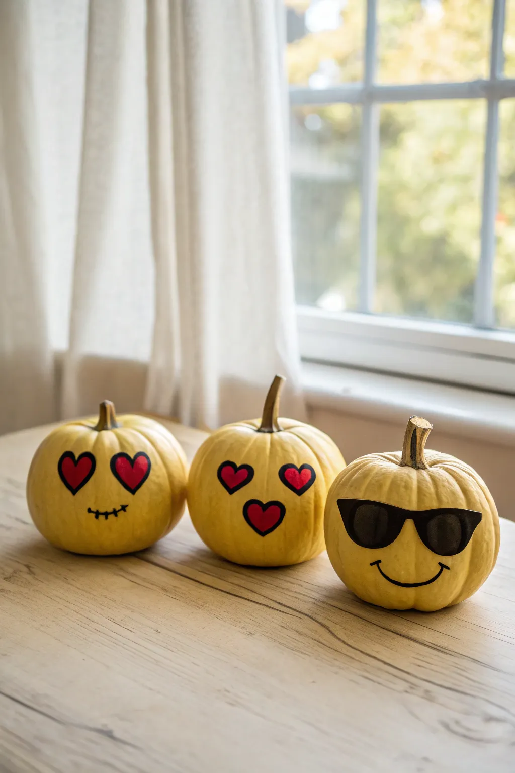 Three cute yellow pumpkins with heart eyes, wink, and shades in clean minimalist fall style