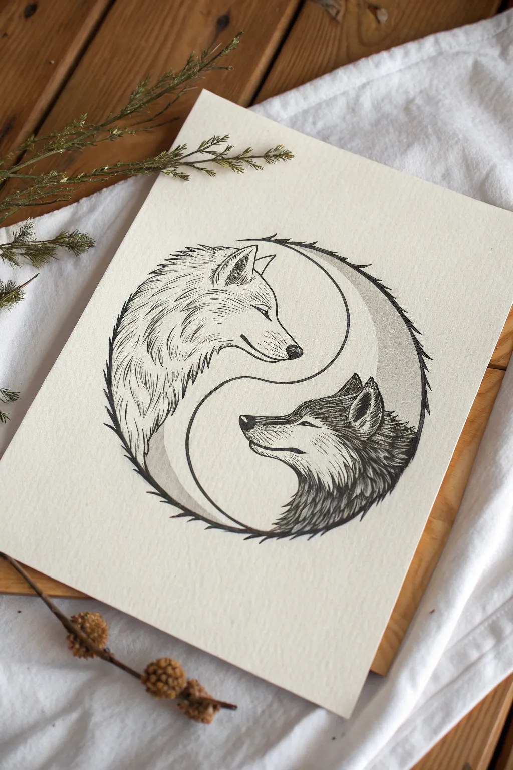 Minimalist yin yang wolves—one quiet, one wild—perfect for Scandinavian-inspired sketching