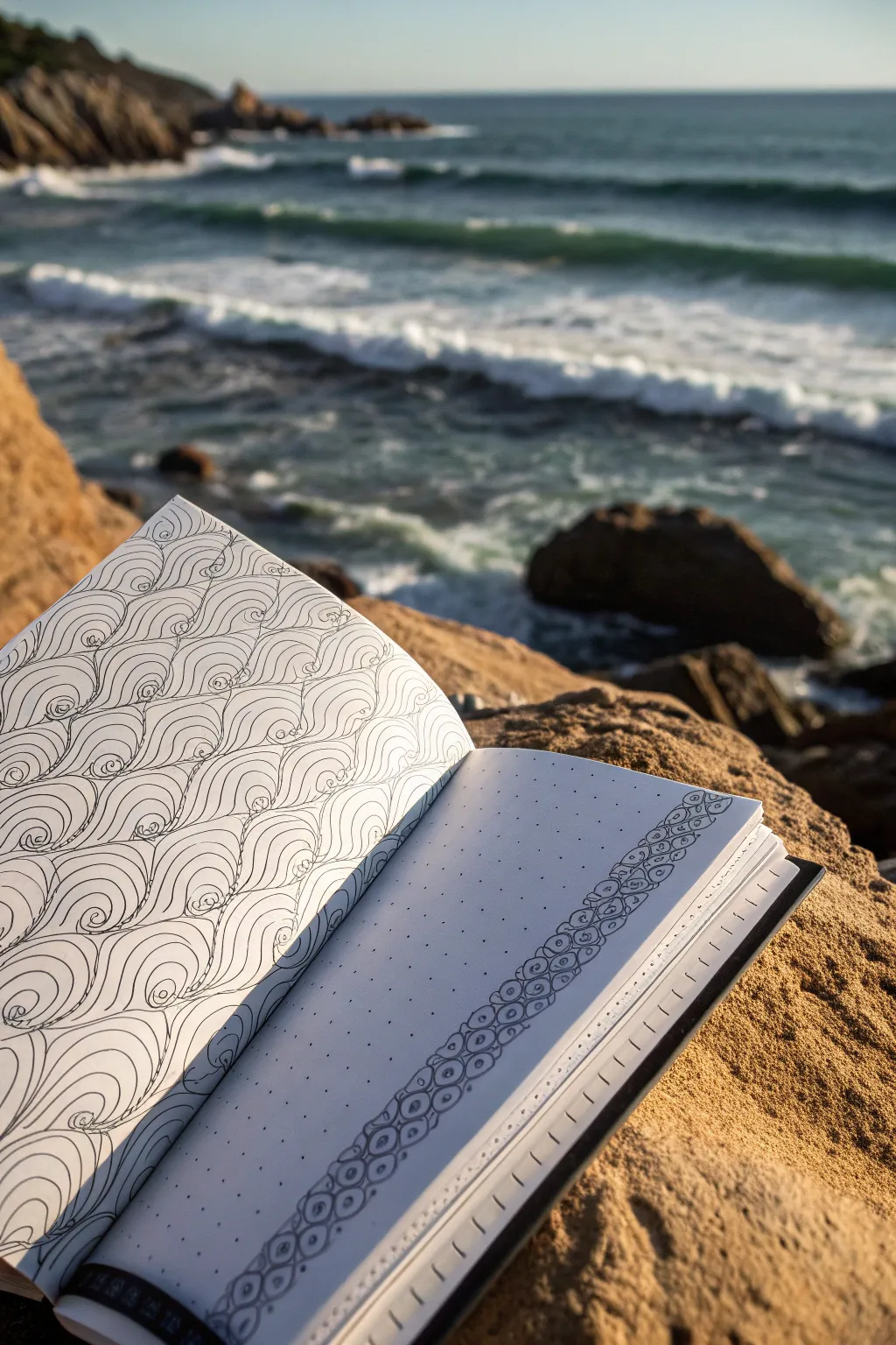 Soothing zen doodle waves with ripples and repetitive marks, minimalist and calming.