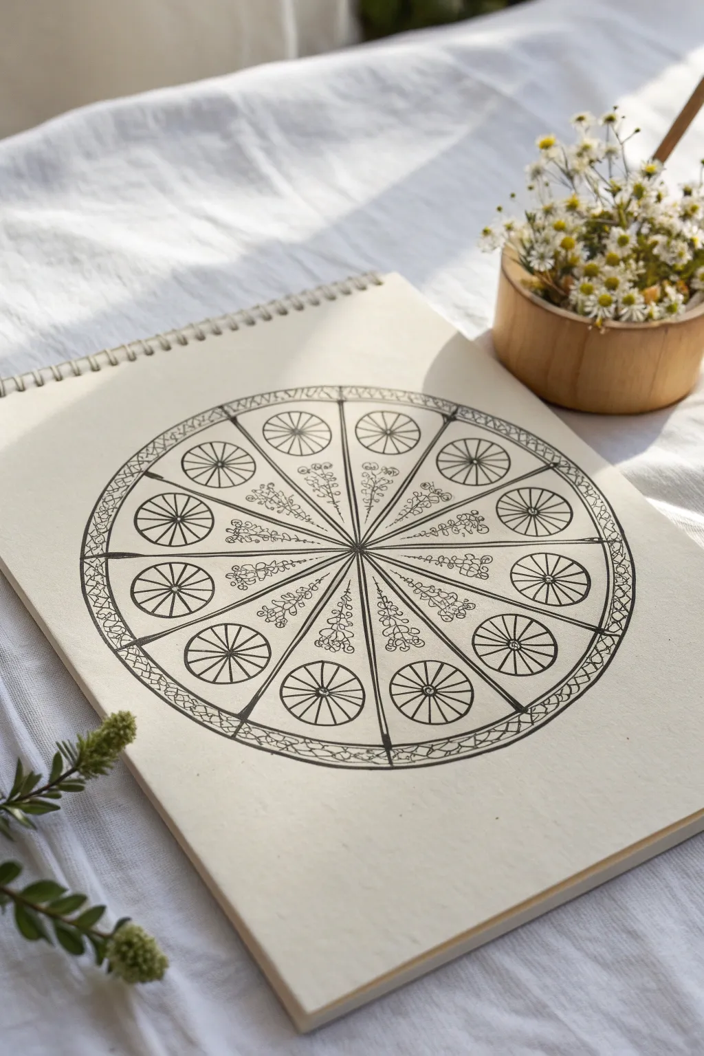 Mandala zentangle with crisp radial symmetry, calm patterns, and minimalist boho vibes.