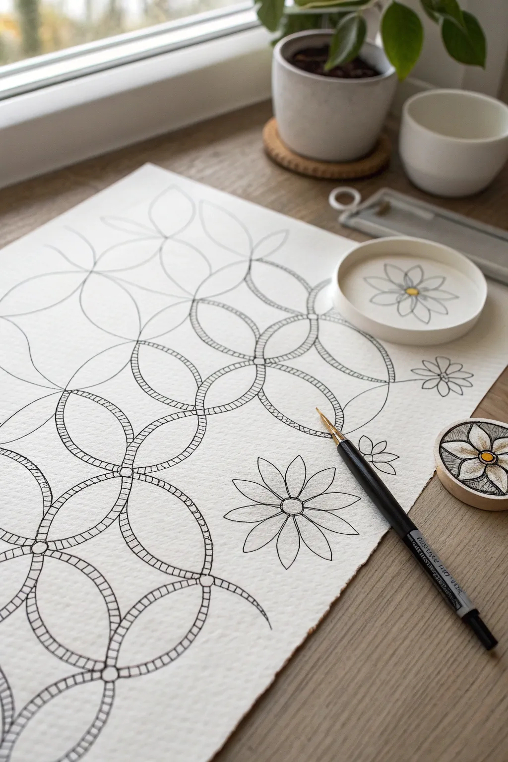 Petal chain zentangle with a simple floral burst swatch, crisp ink lines and calm contrast
