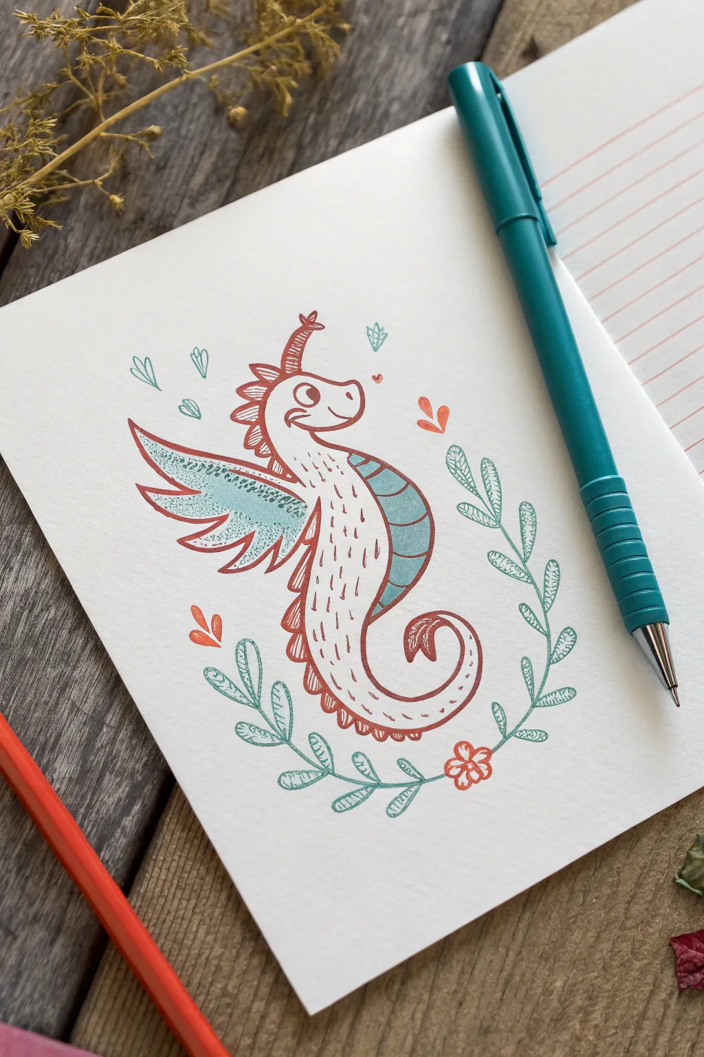 Mythical creature mashup drawing with simple shapes, bold colors, and playful feather-scale textures
