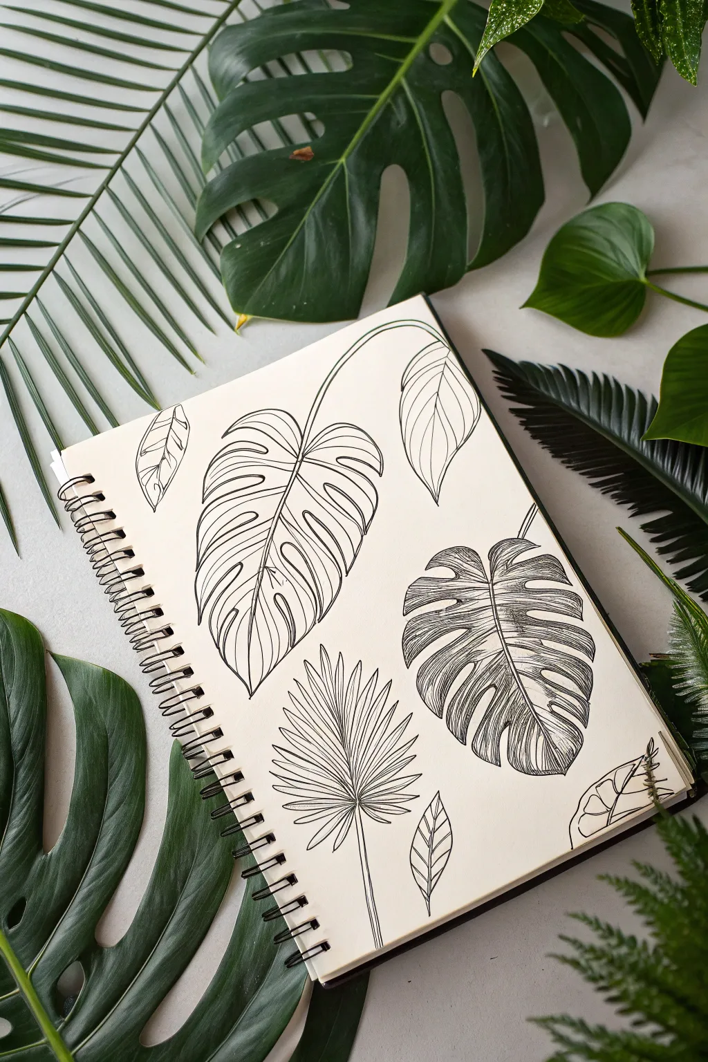Tropical leaf line art with three bold marker swatches, minimalist boho color-block vibe.