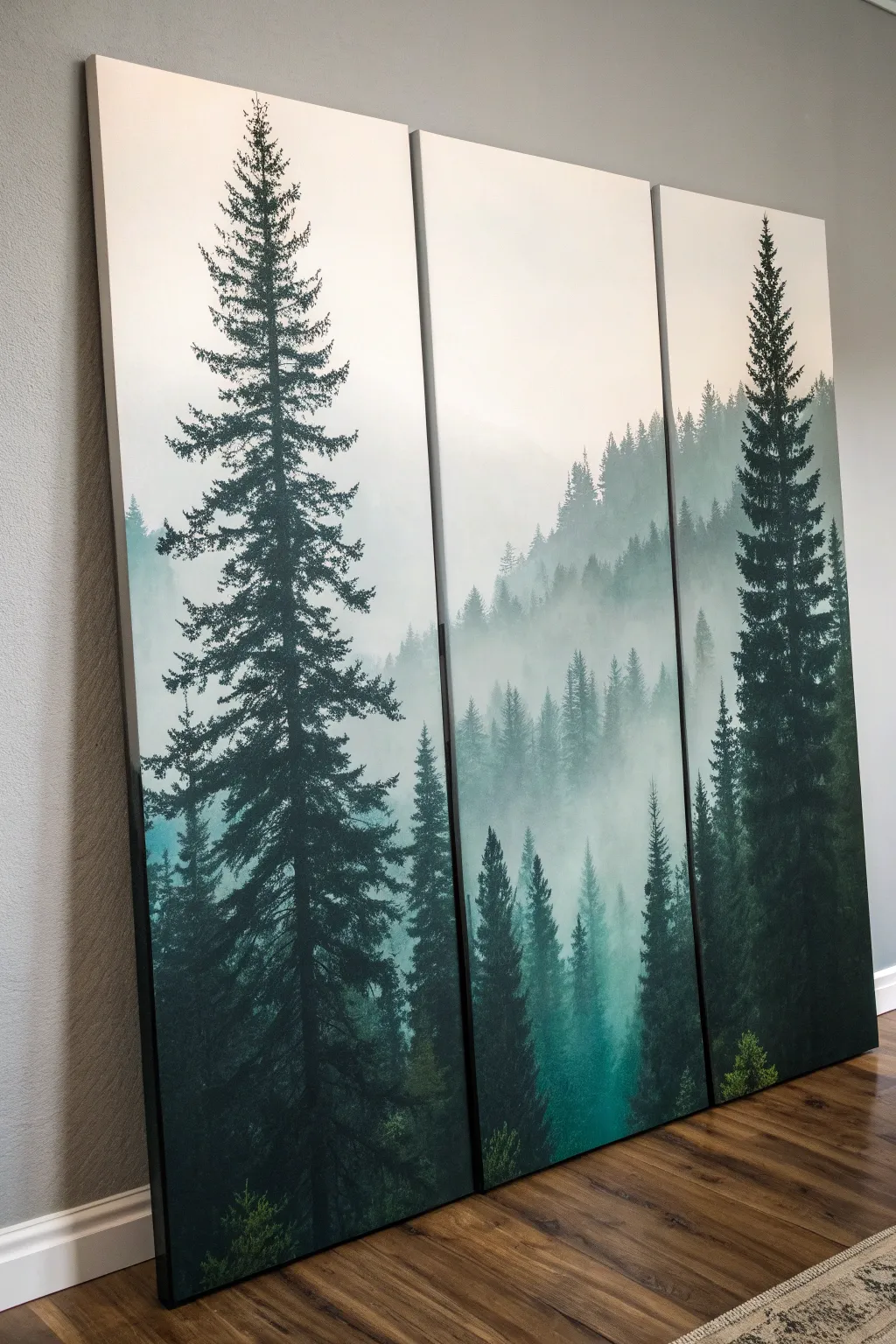 Forest silhouette triptych with misty depth, bold contrast, and minimalist Scandi-boho calm