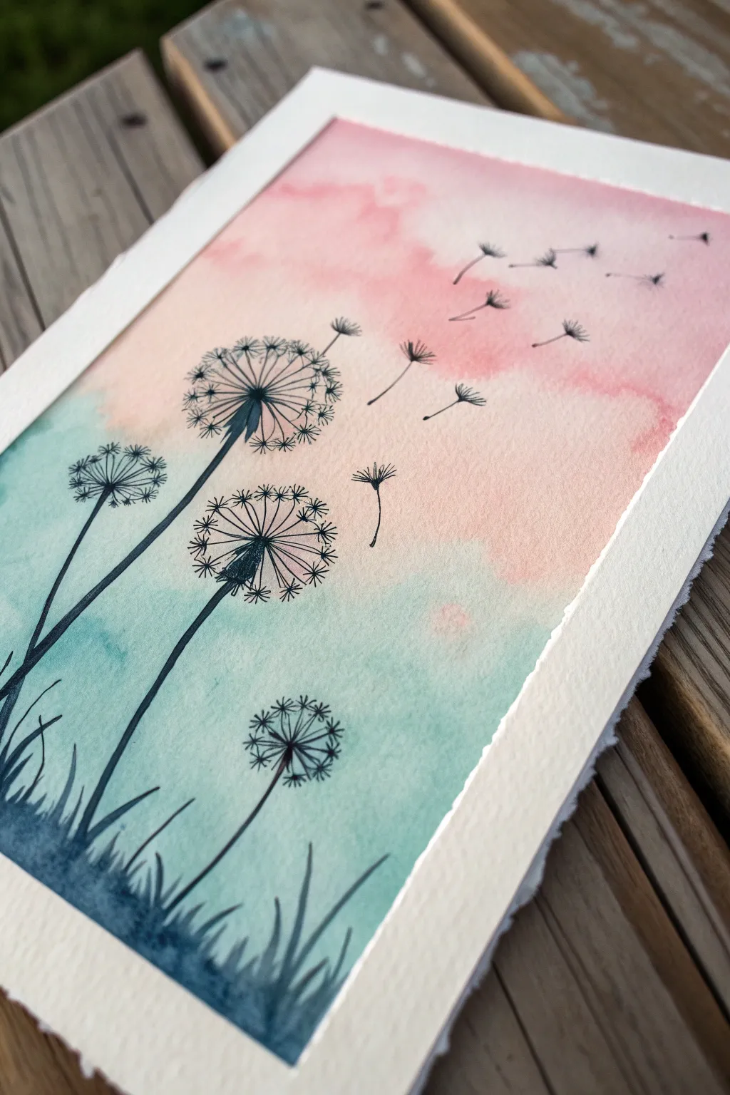 Dreamy pastel wash with bold dandelion silhouettes, an easy beginner watercolor idea.