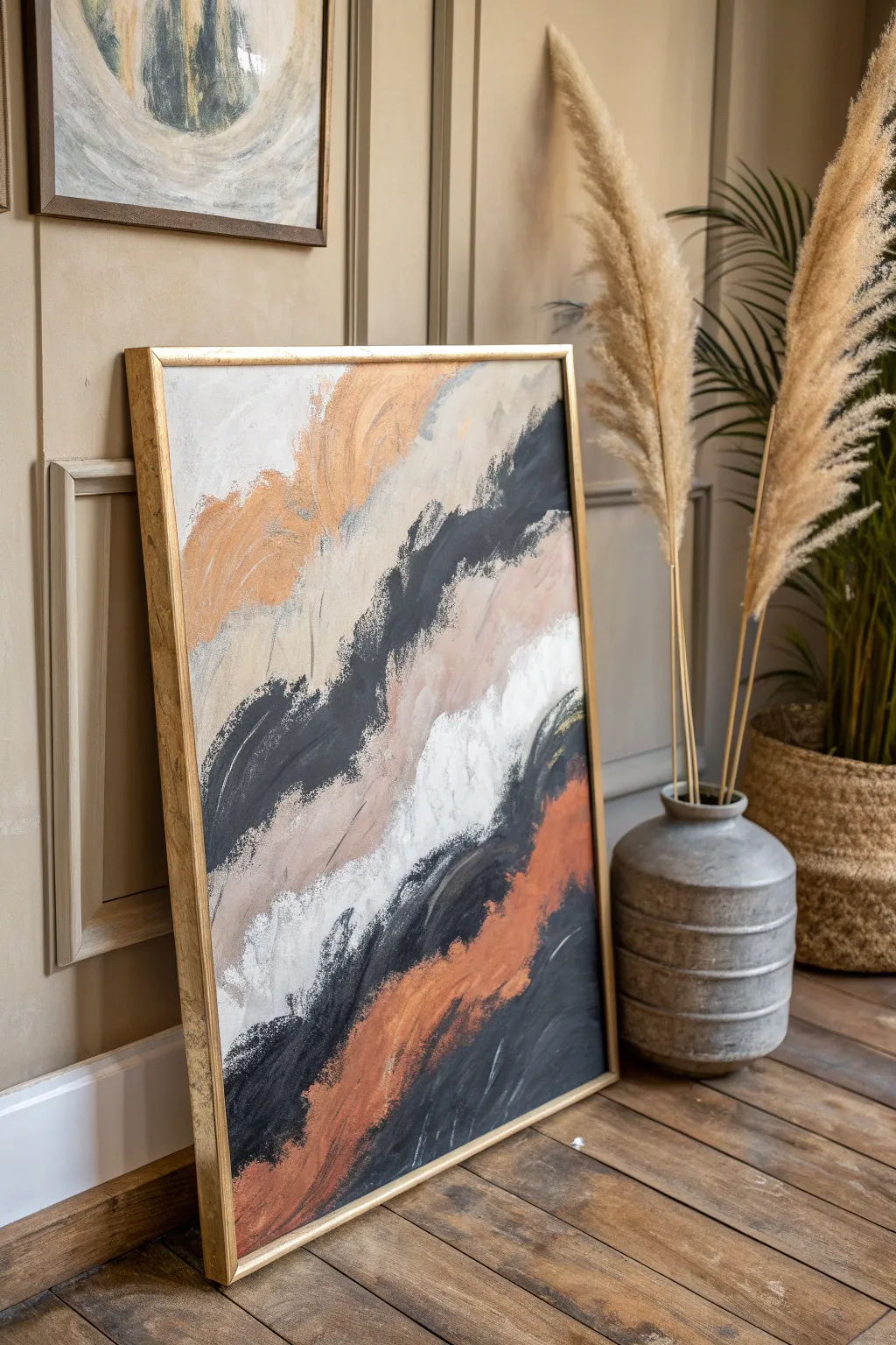 Moody limited-palette abstract in charcoal, cream, and muted terracotta for a cozy corner.