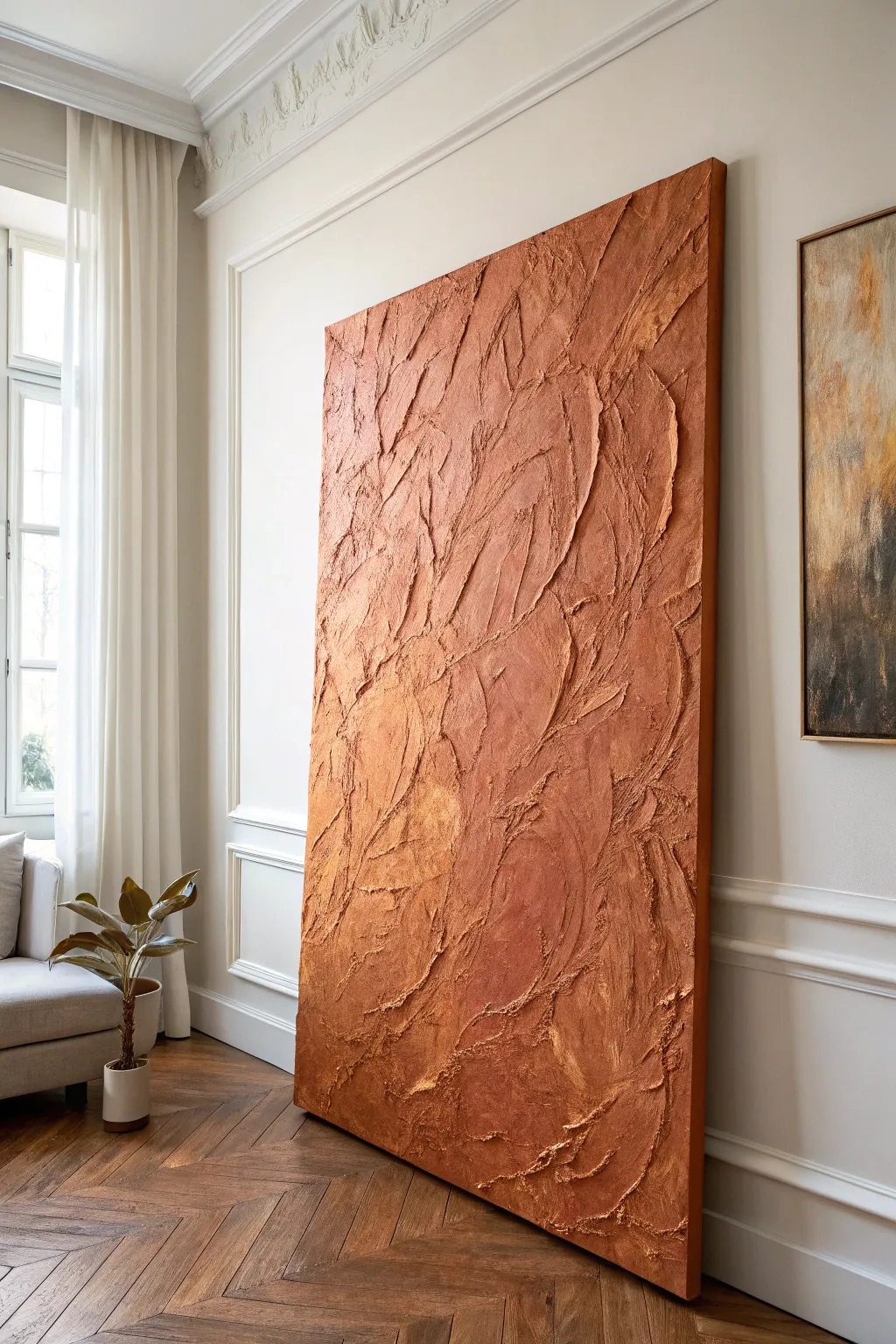 Textured impasto abstract in warm earth tones for a cozy Scandinavian-boho living room.