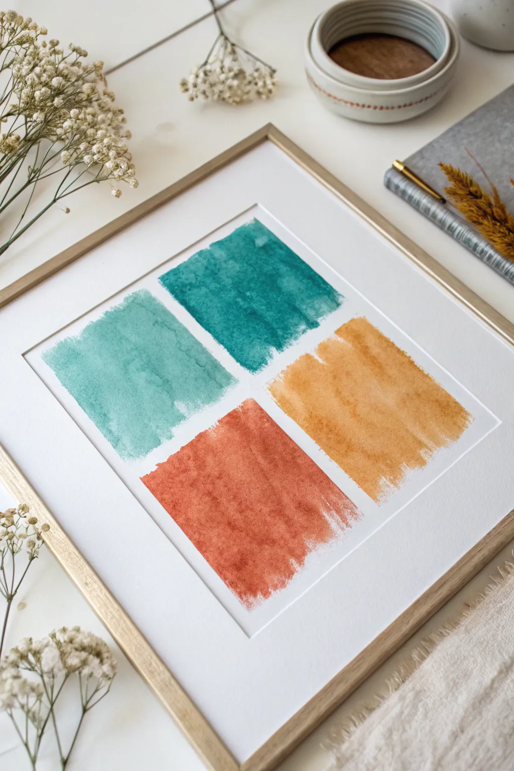 Bold teal and burnt orange watercolor blocks with soft blends for striking complementary contrast