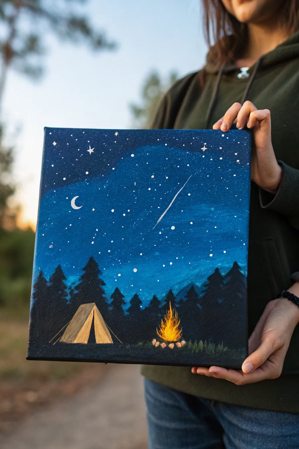 Cozy campsite acrylic canvas idea: warm campfire glow against a deep blue starry sky.