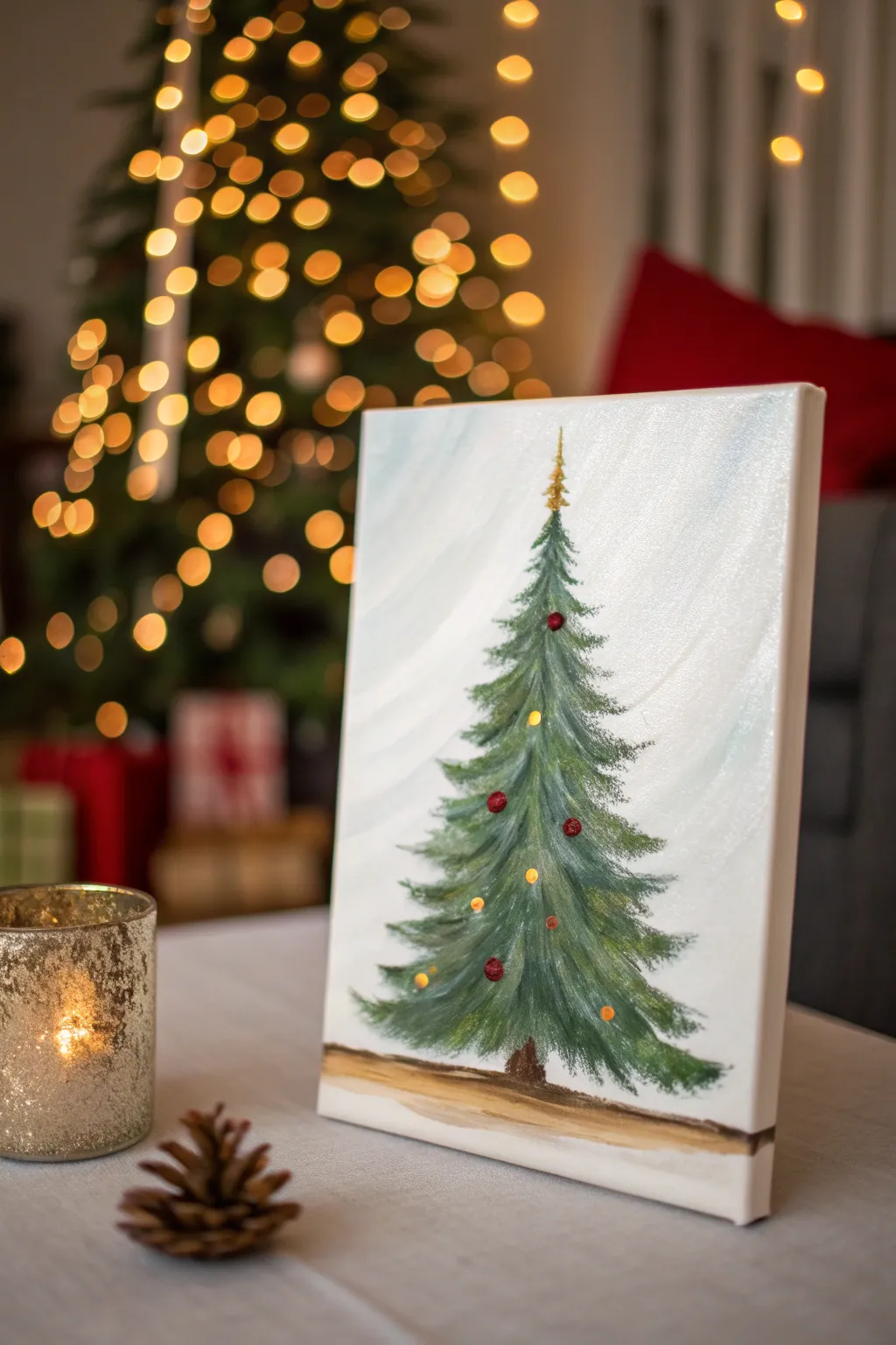 Dreamy acrylic Christmas bokeh lights with a simple ornament silhouette, minimalist and festive