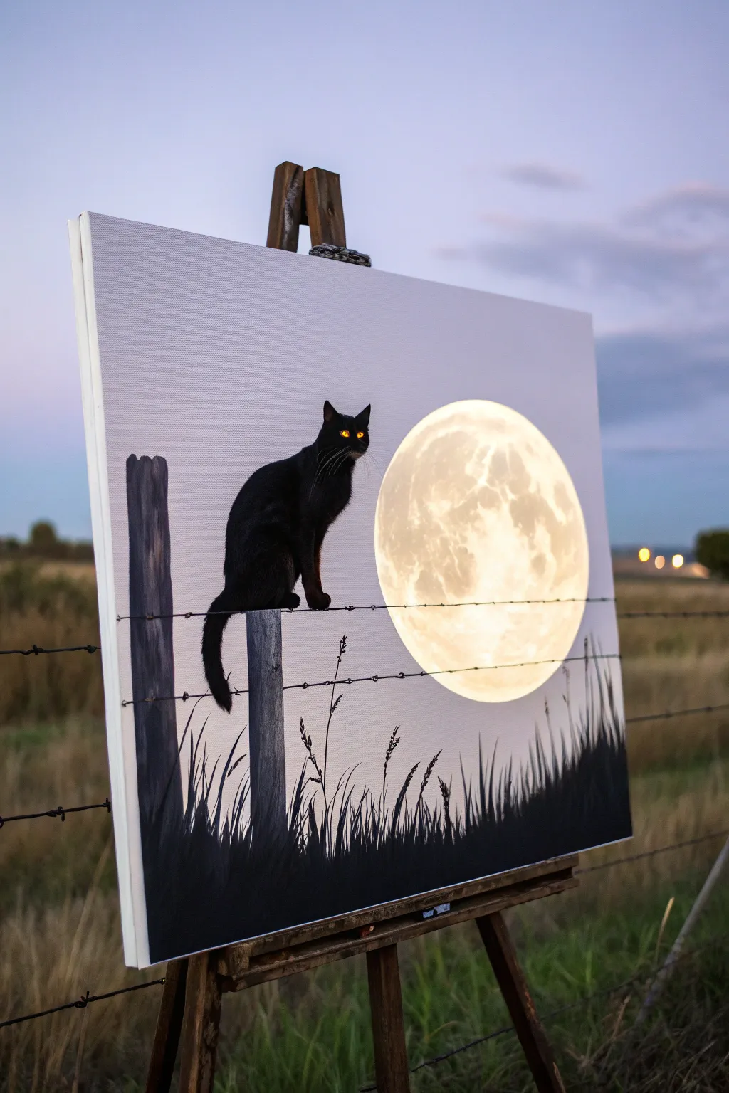 Minimalist acrylic black cat on a fence post with a glowing moon and bold violet Halloween sky