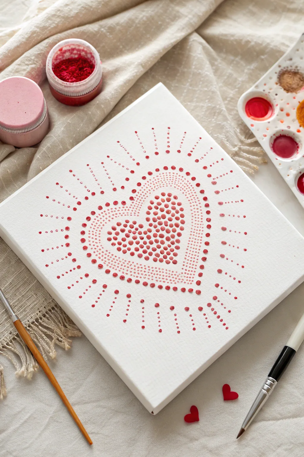 Q-tip dotted heart burst in reds, pinks, and soft gold for a simple Scandinavian boho vibe
