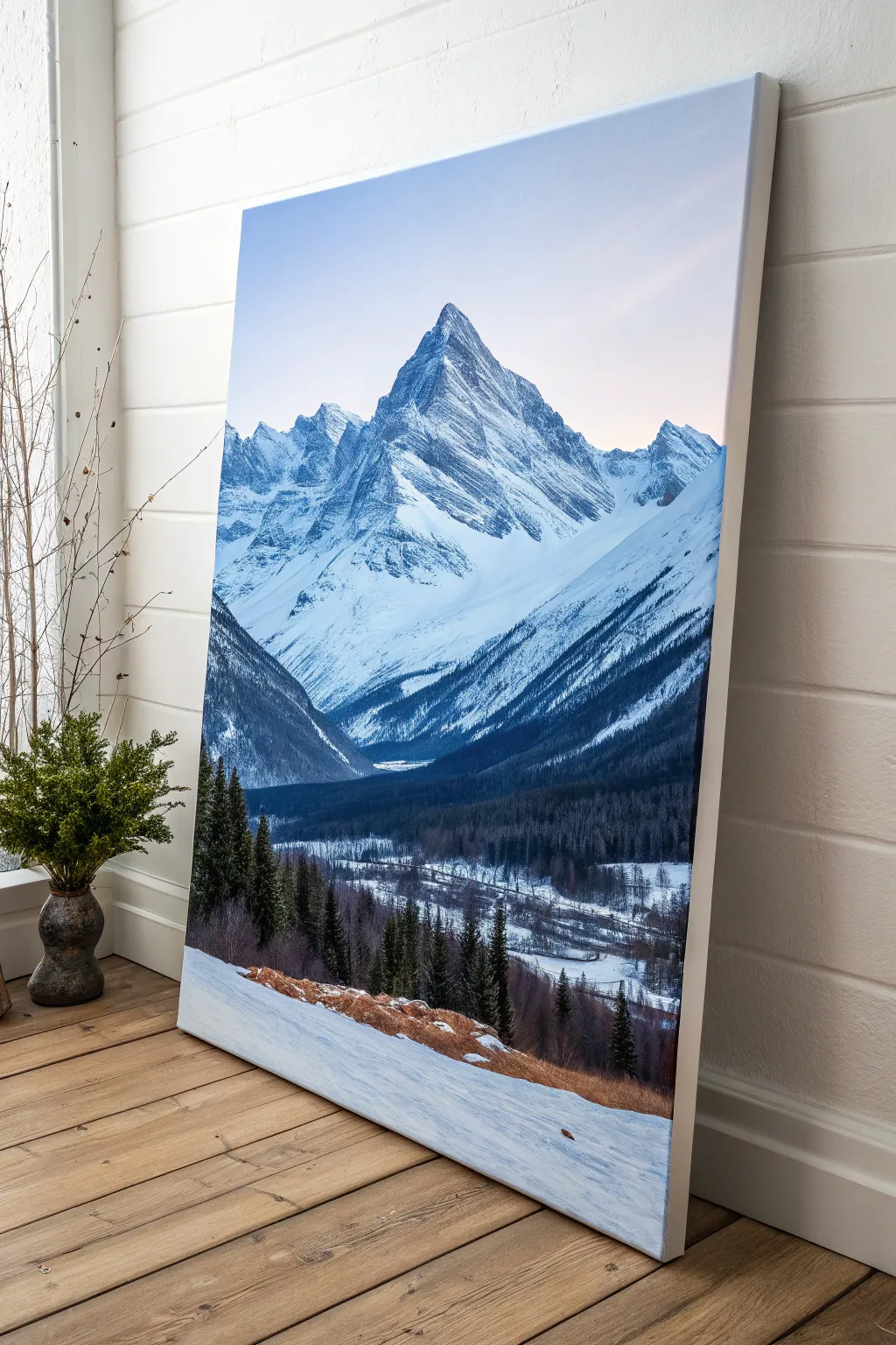 Snowy peaks in acrylic: crisp whites, cool violet shadows, and bright winter highlights