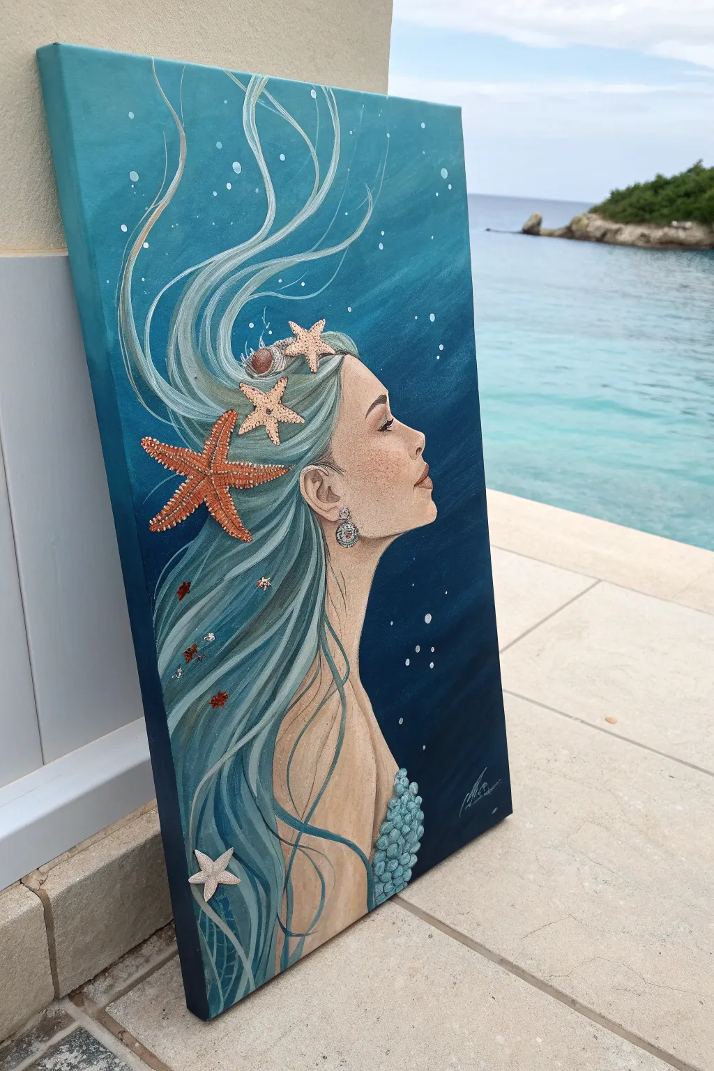 Mermaid hair adorned with starfish and shells, a bold acrylic idea with clean ocean vibes.