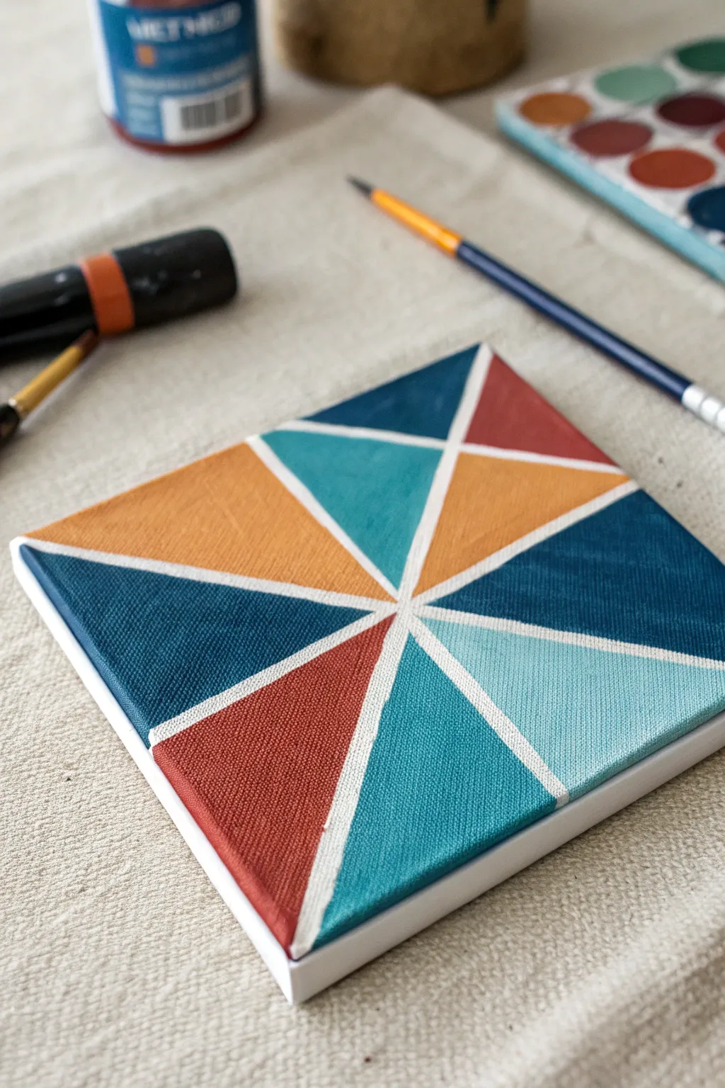 Geometric color blocking on a mini canvas with acrylic paint pens, bold matte shapes and crisp edges